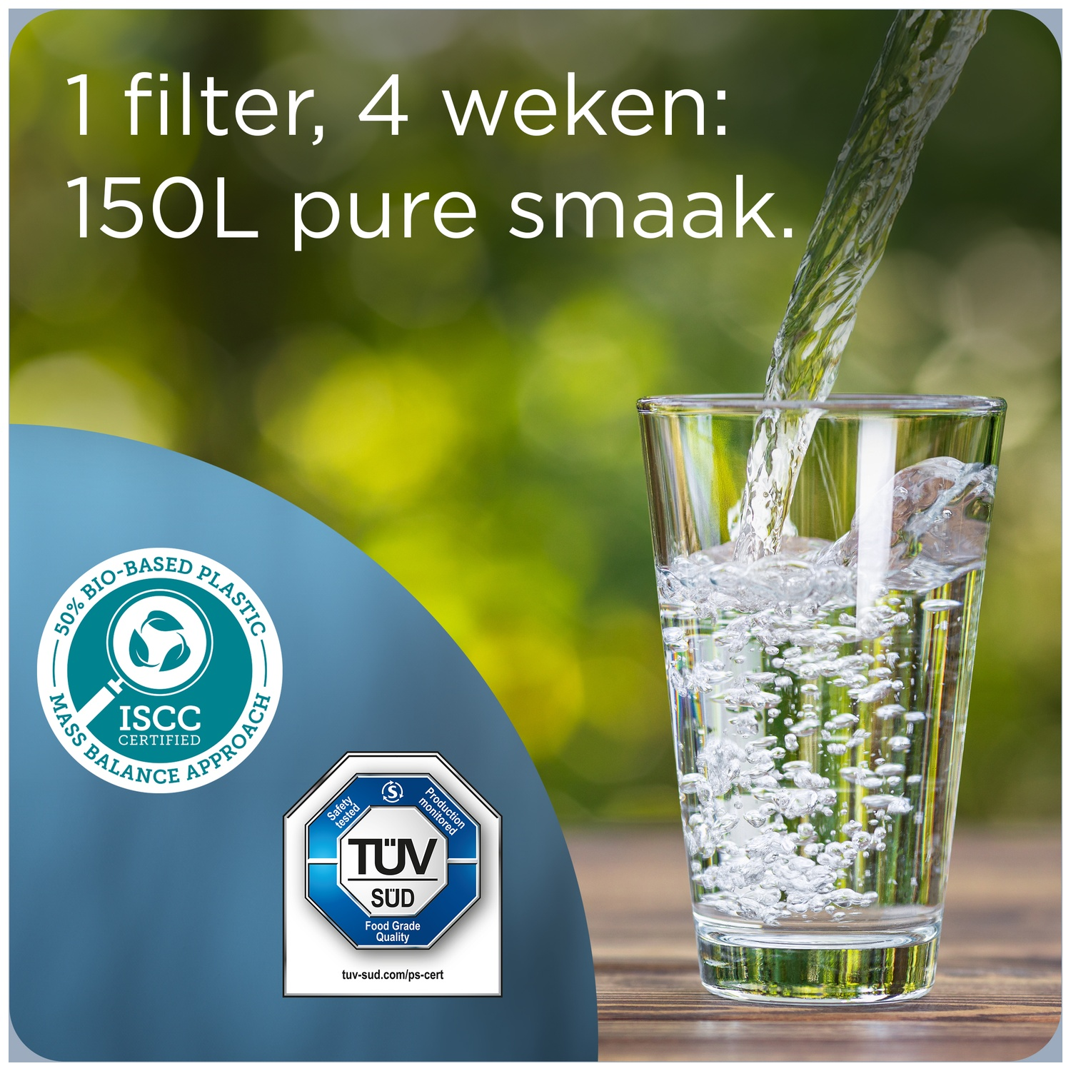 Water stroomt in een glas, met tekst over filters en certificeringen.