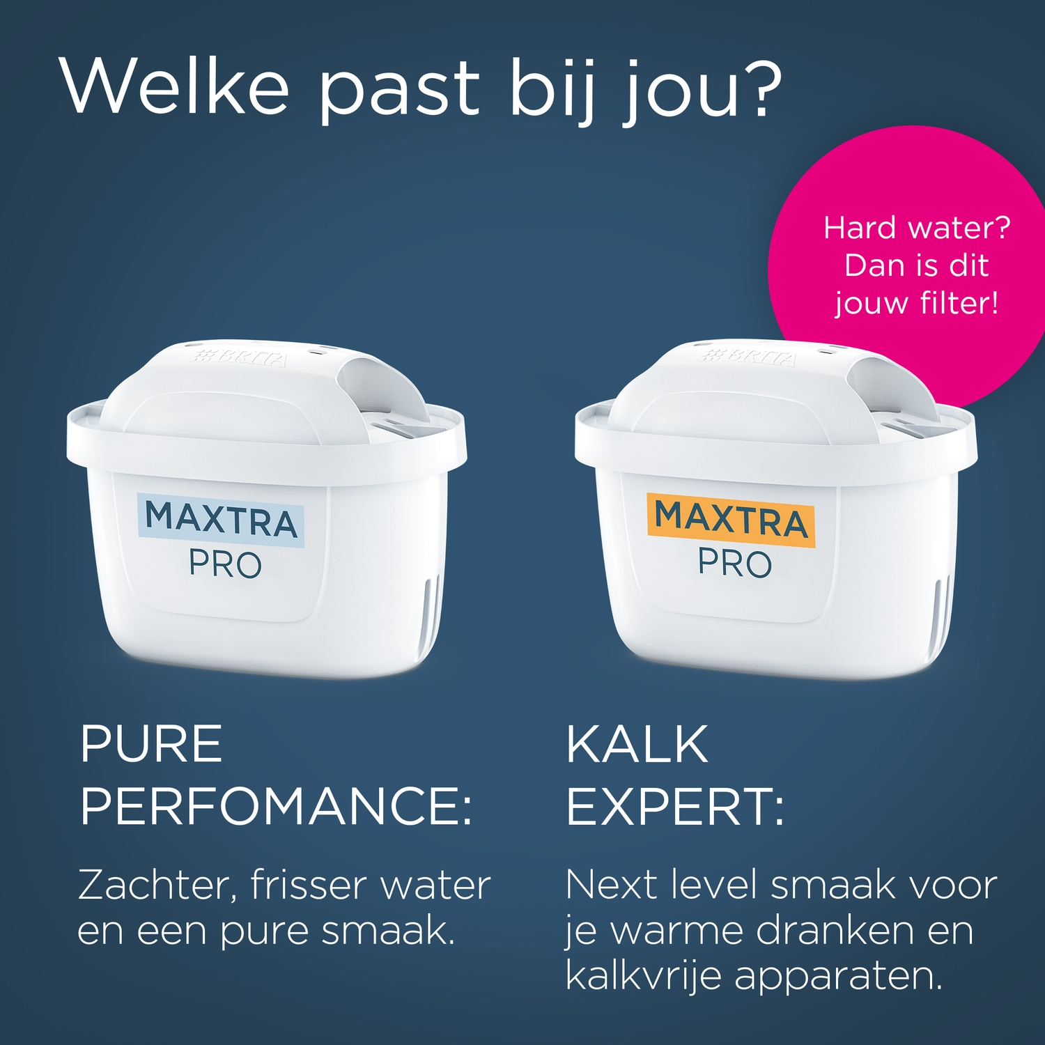 Twee Brita MAXTRA PRO filters. Eén voor pure prestaties, één voor kalk experts.