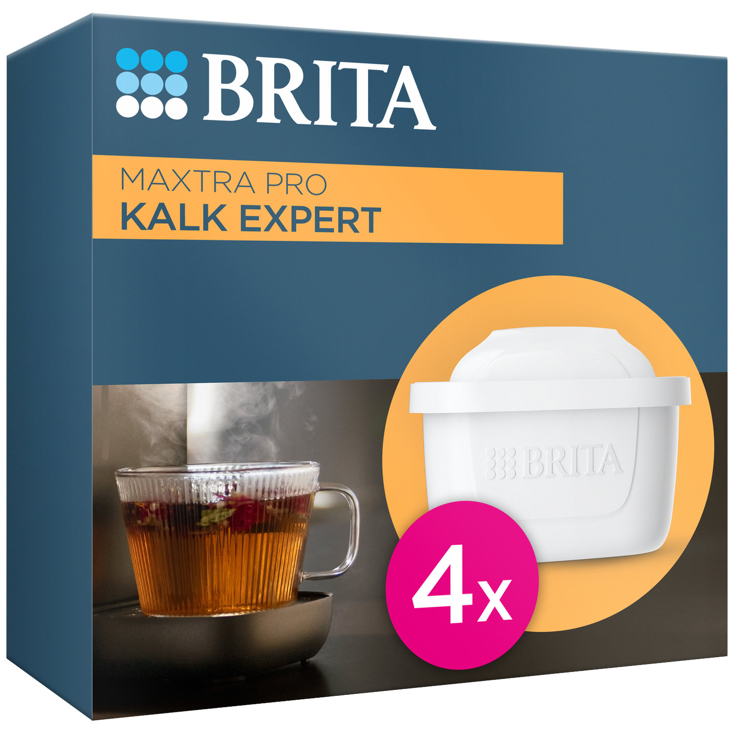 Brita Maxtra Pro Kalk Expert doos met hete thee en Brita filter.