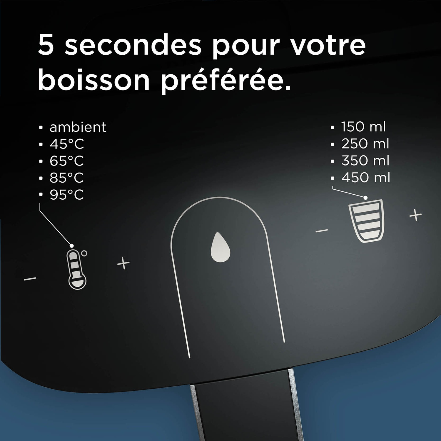 Screen displays temperatures and volumes for drinks.