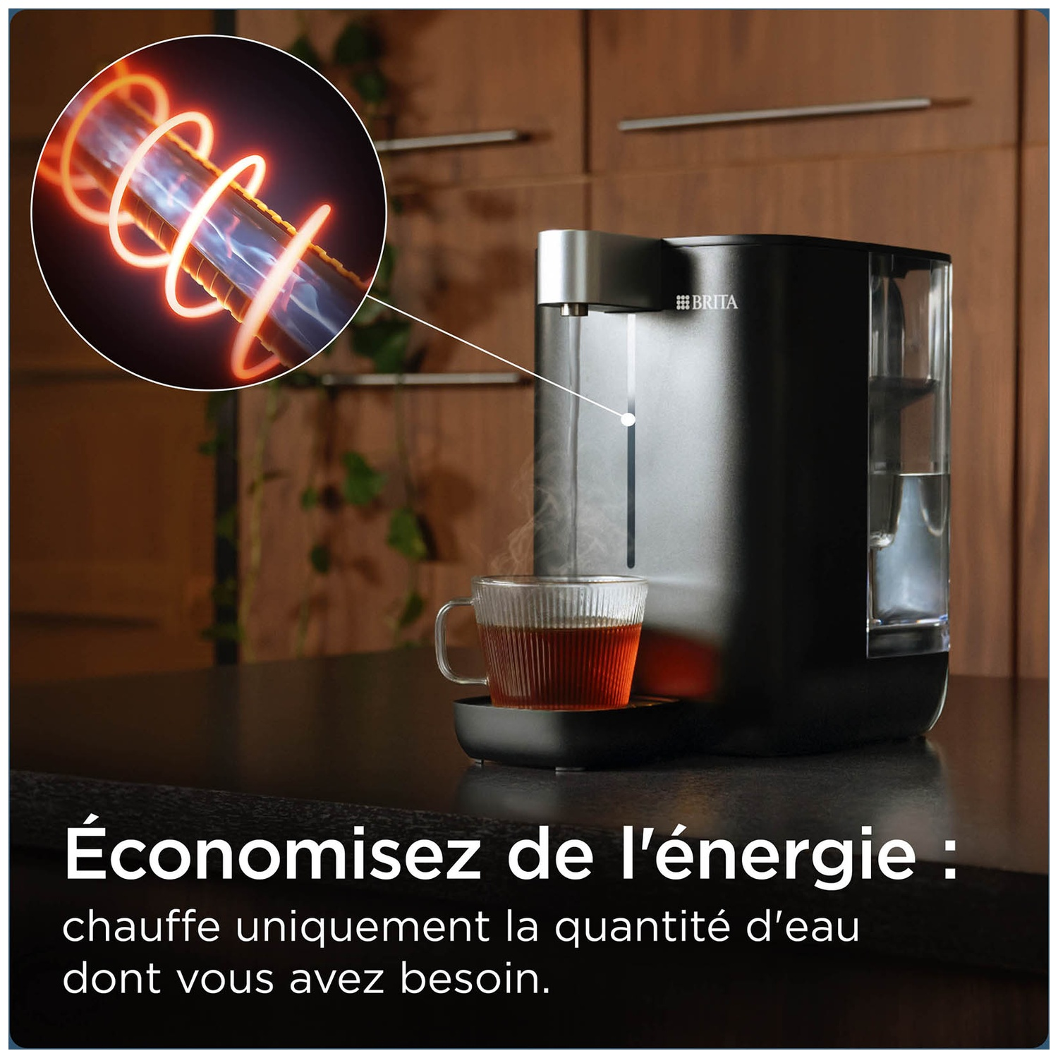 A Brita water dispenser with a cup of tea and a heating coil detail.