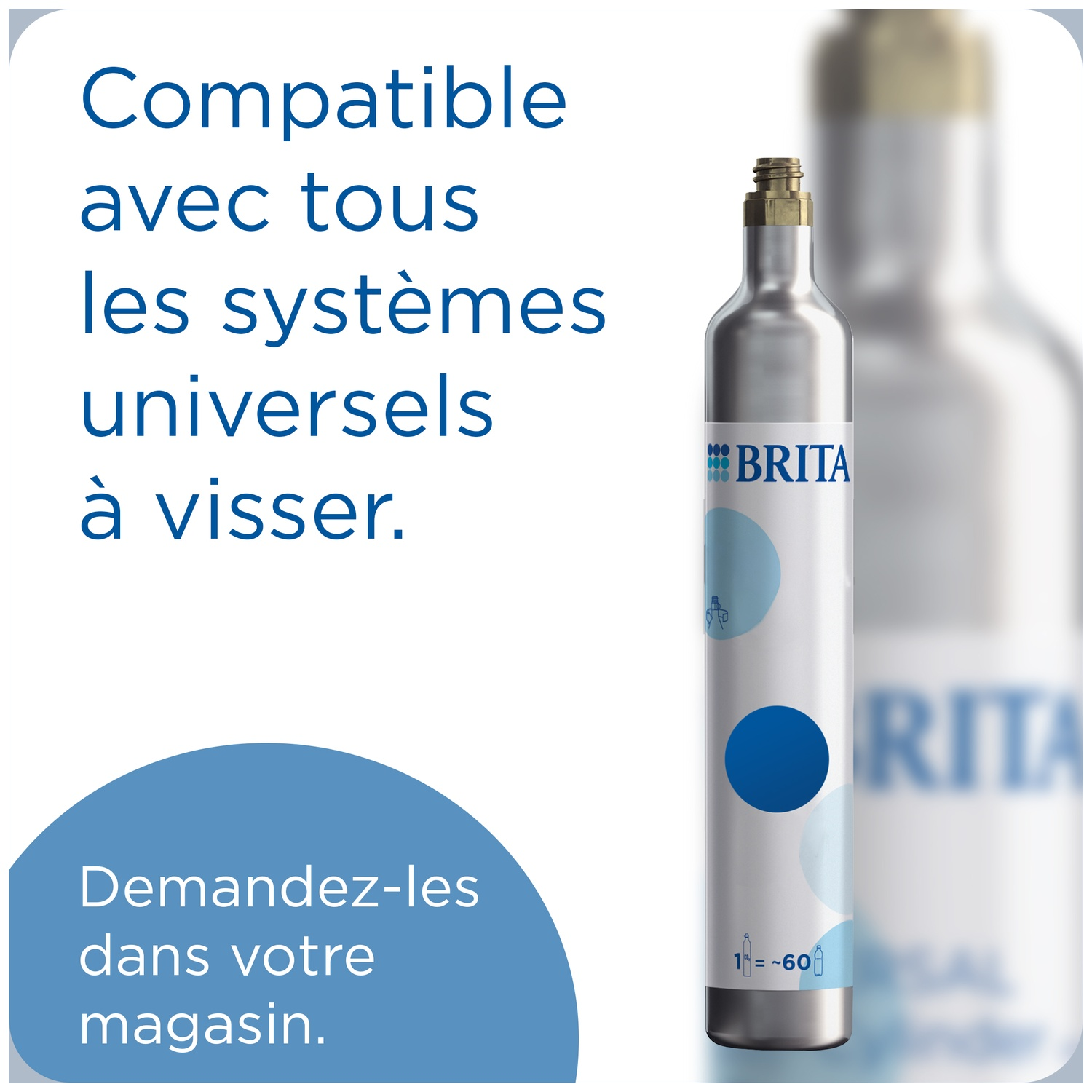 A silver Brita CO2 cylinder with a gold cap. Text in French.