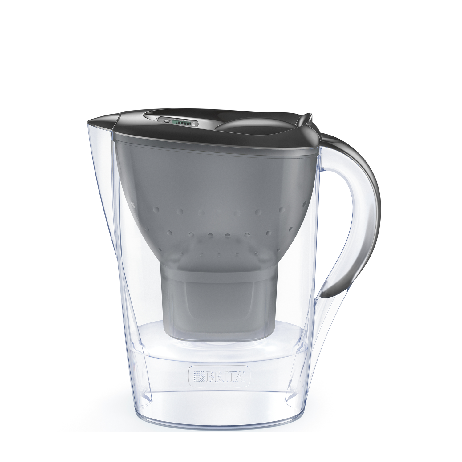 A transparent Brita water filter with a black lid and handle.