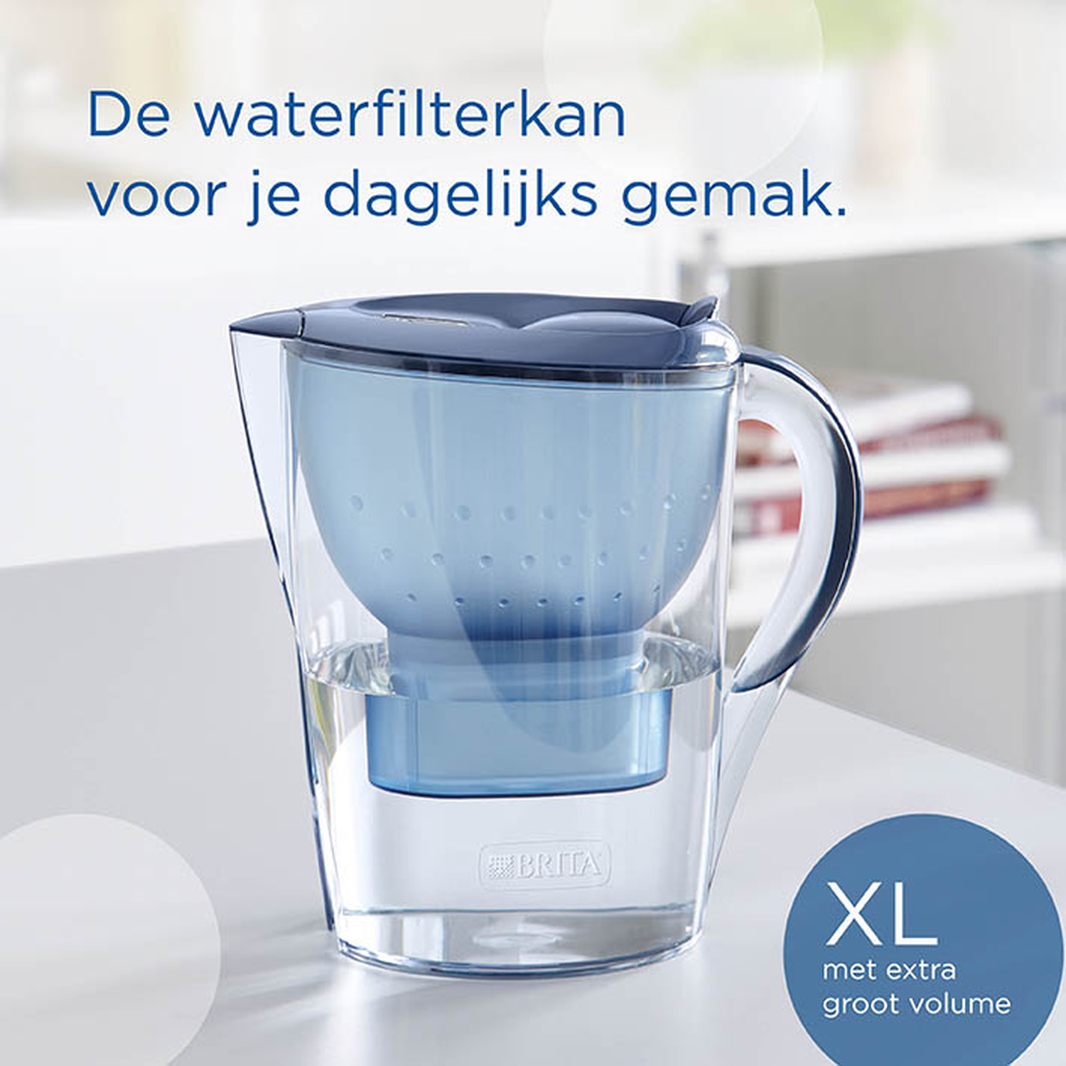 A blue Brita water filter jug with XL volume sits on a table.