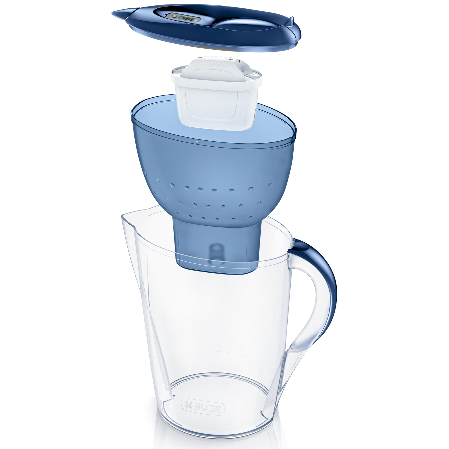 A blue water filter pitcher with lid, filter, and pitcher shown separately.
