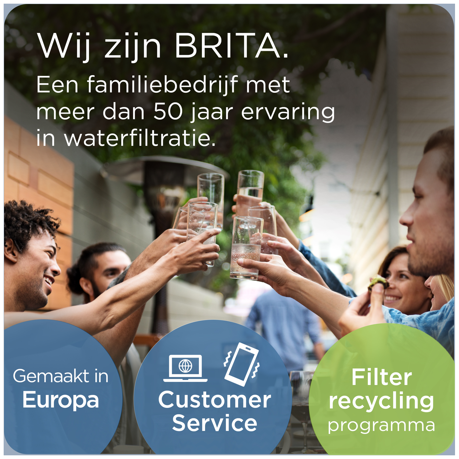 People toasting with glasses. Text about BRITA, Europe, Customer Service & Recycling.