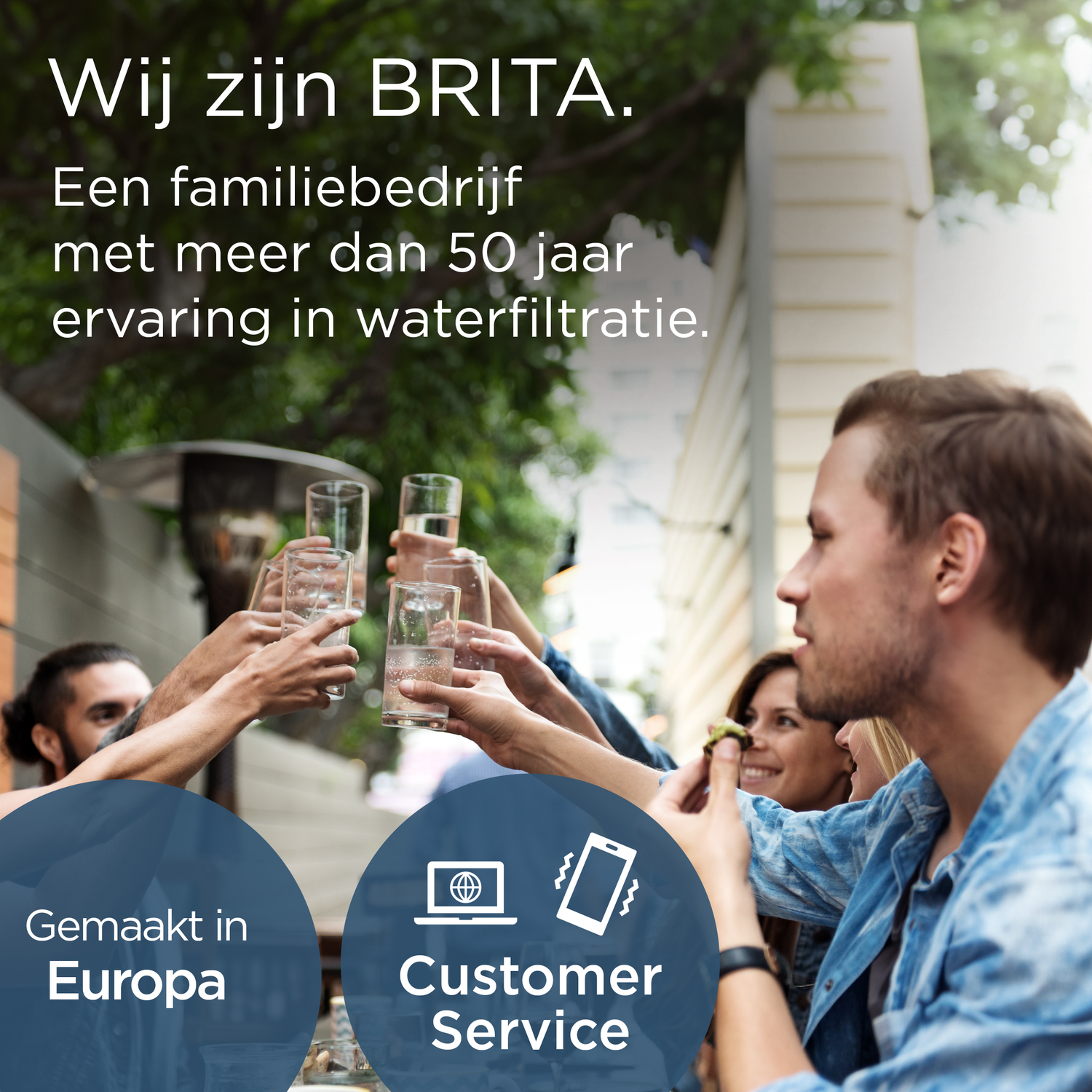 People toasting with glasses. Text about Brita, Europe and Customer Service.