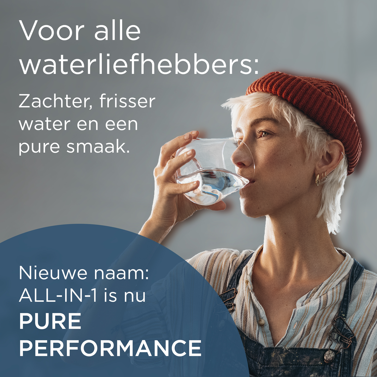 A woman with short white hair drinks water from a glass.