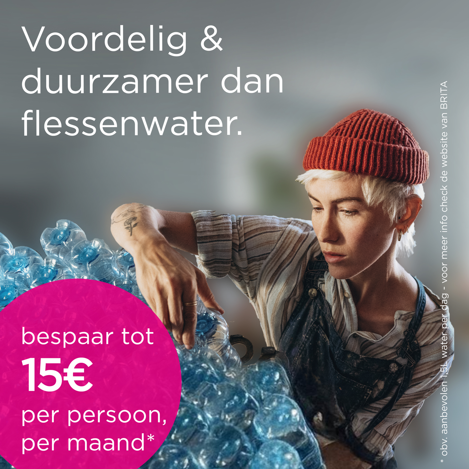 A woman in a red hat sorts water bottles. A circle with saving info is nearby.
