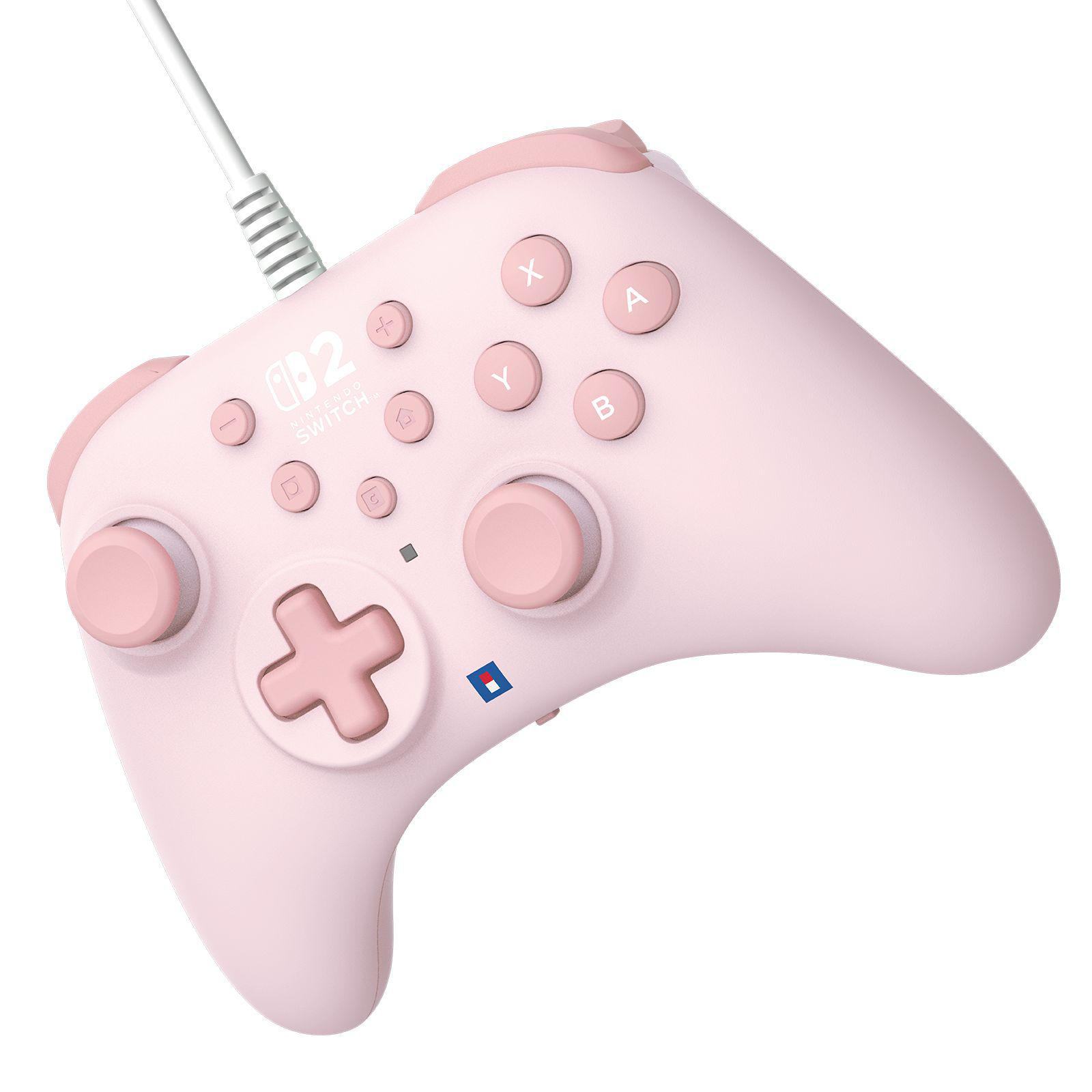 Ein rosafarbener Nintendo Switch Controller mit Kabel und Tasten.