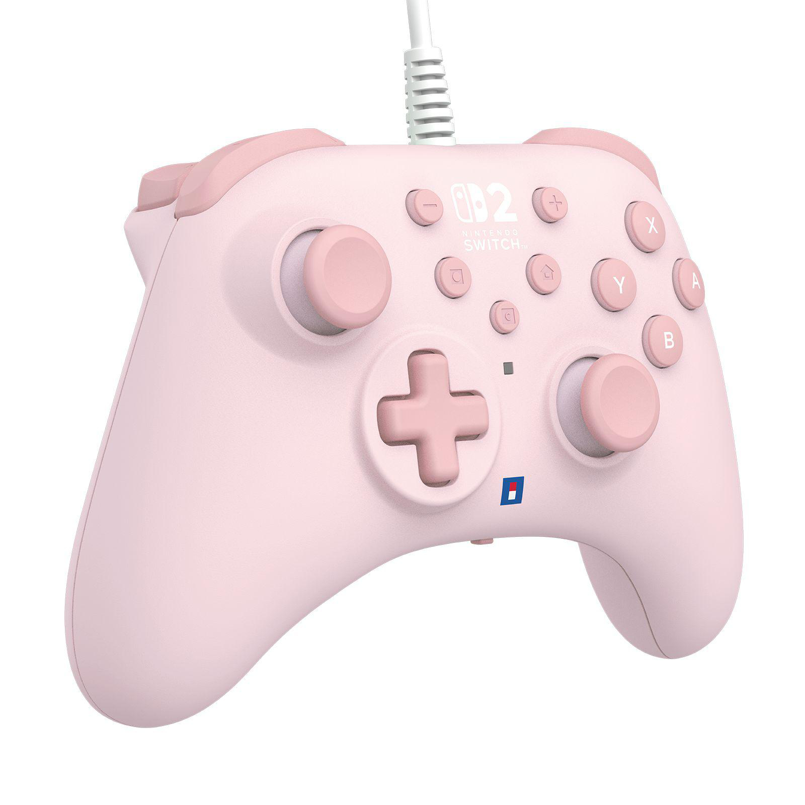 Ein rosafarbener Nintendo Switch Controller mit einem weißen Kabel.
