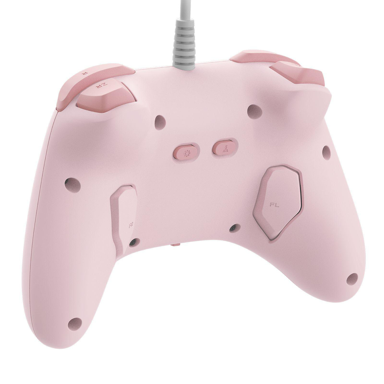 Ein rosafarbener Controller mit grauen Knöpfen und einem Kabel.