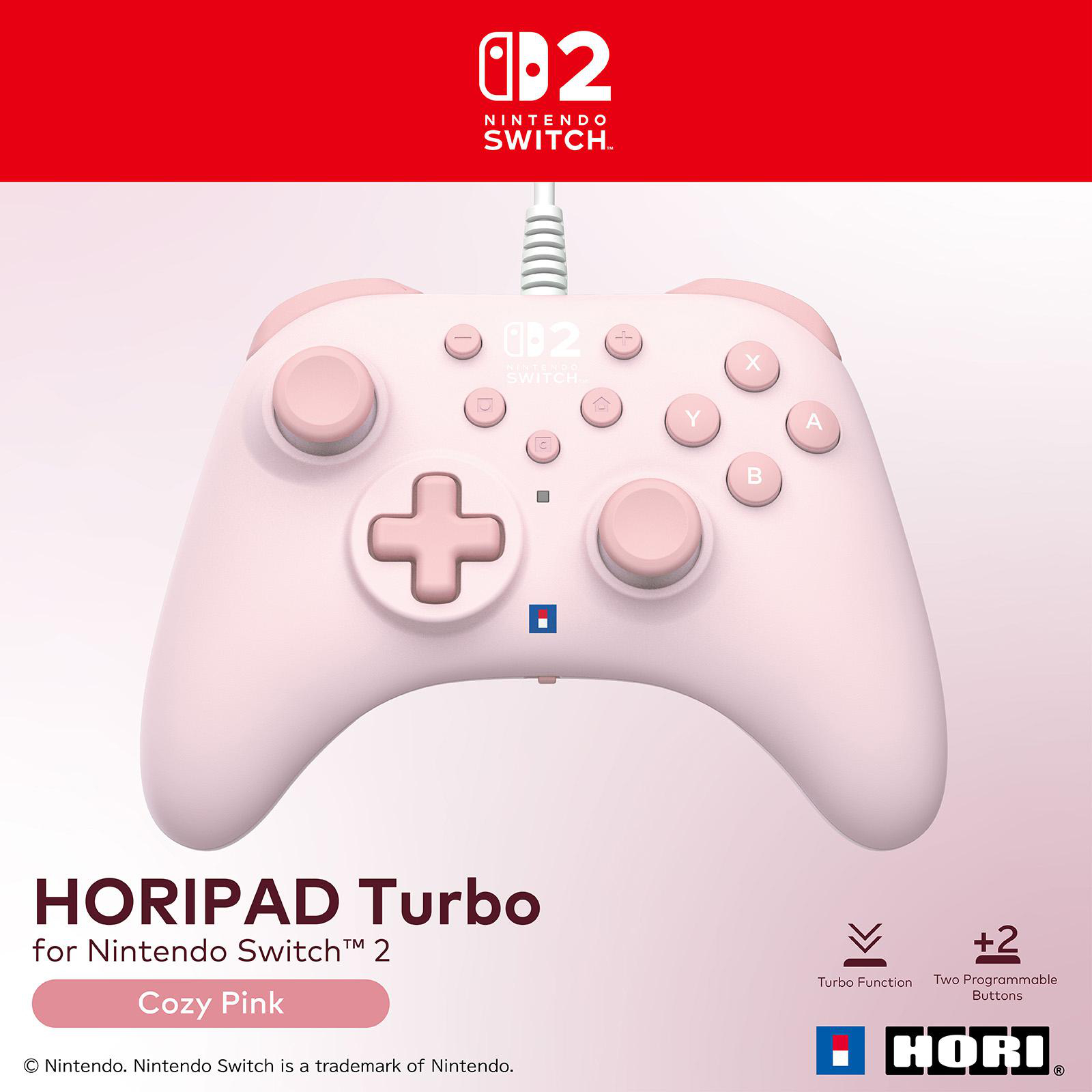 Ein pinker Nintendo Switch HORIPAD Turbo Controller mit Beschriftungen.