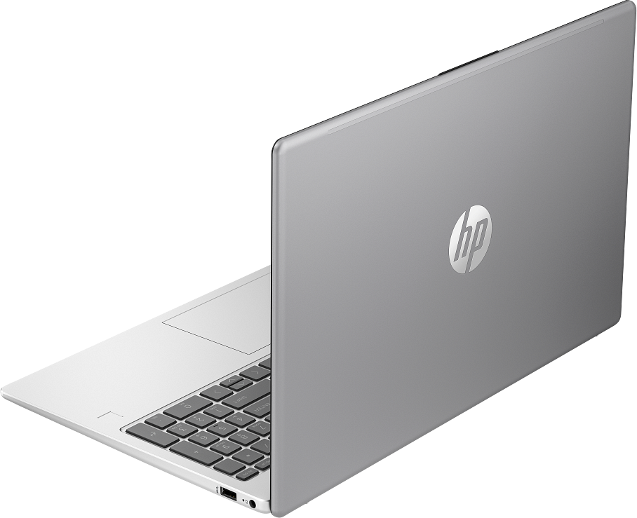 Ezüst HP laptop fekete háttérrel.