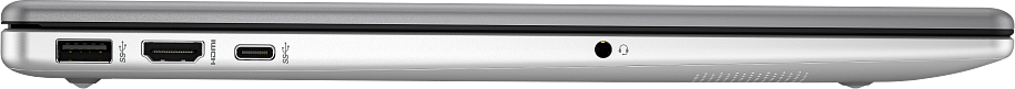Ezüst laptop USB, HDMI, USB-C portokkal és fejhallgató-csatlakozóval.