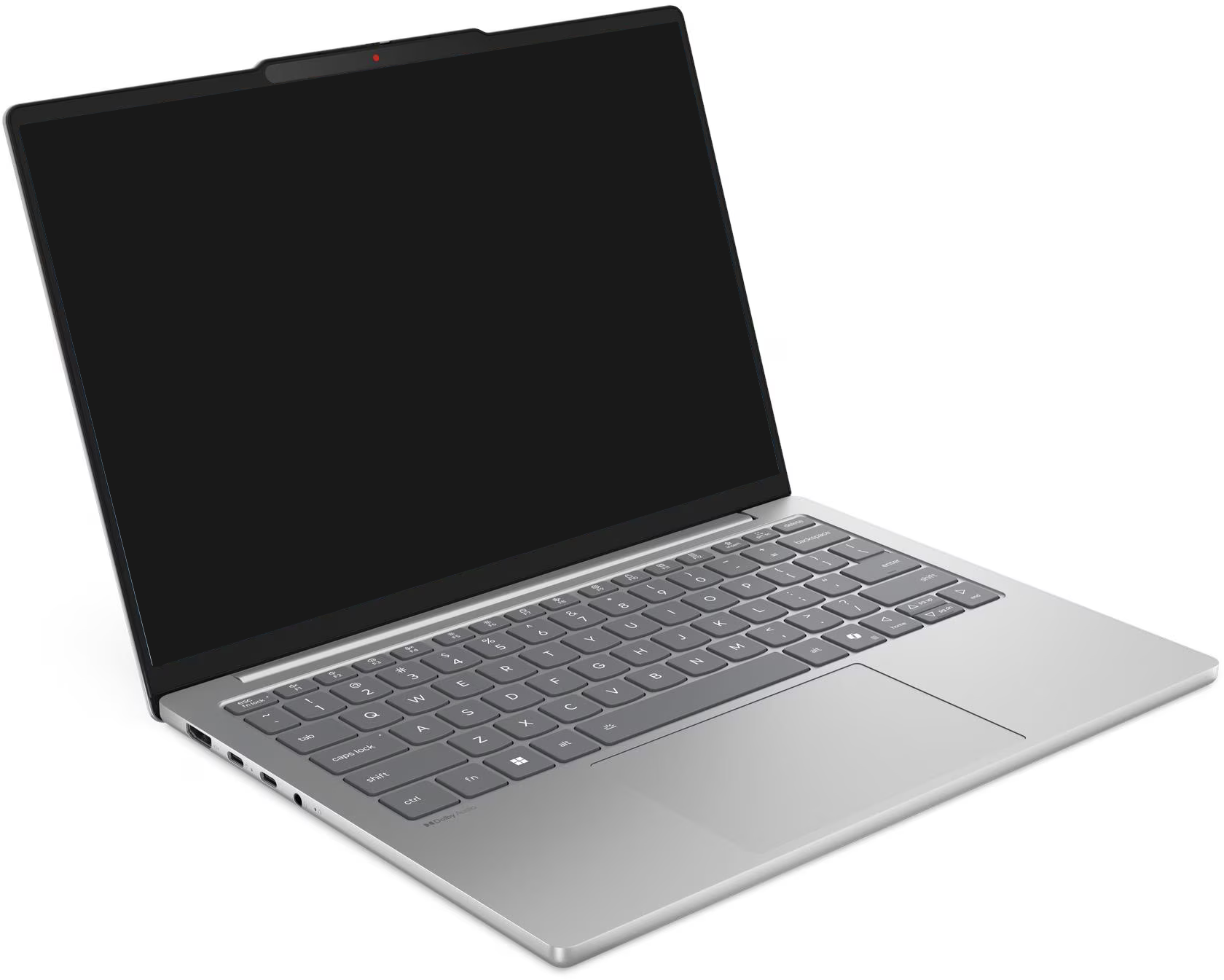 Ezüst laptop billentyűzettel és érintőpaddal fehér alapon.