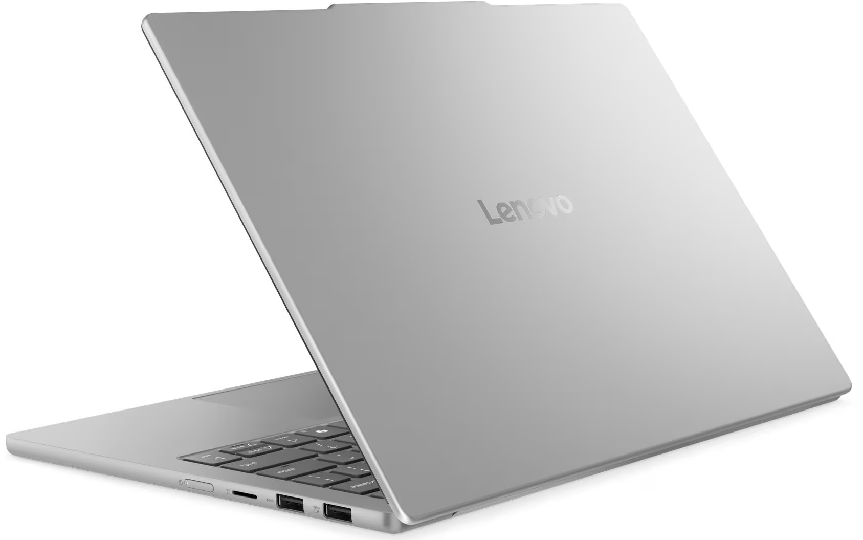 Egy ezüst Lenovo laptop nyitva, a billentyűzet látható. A fedél hátradöntve.