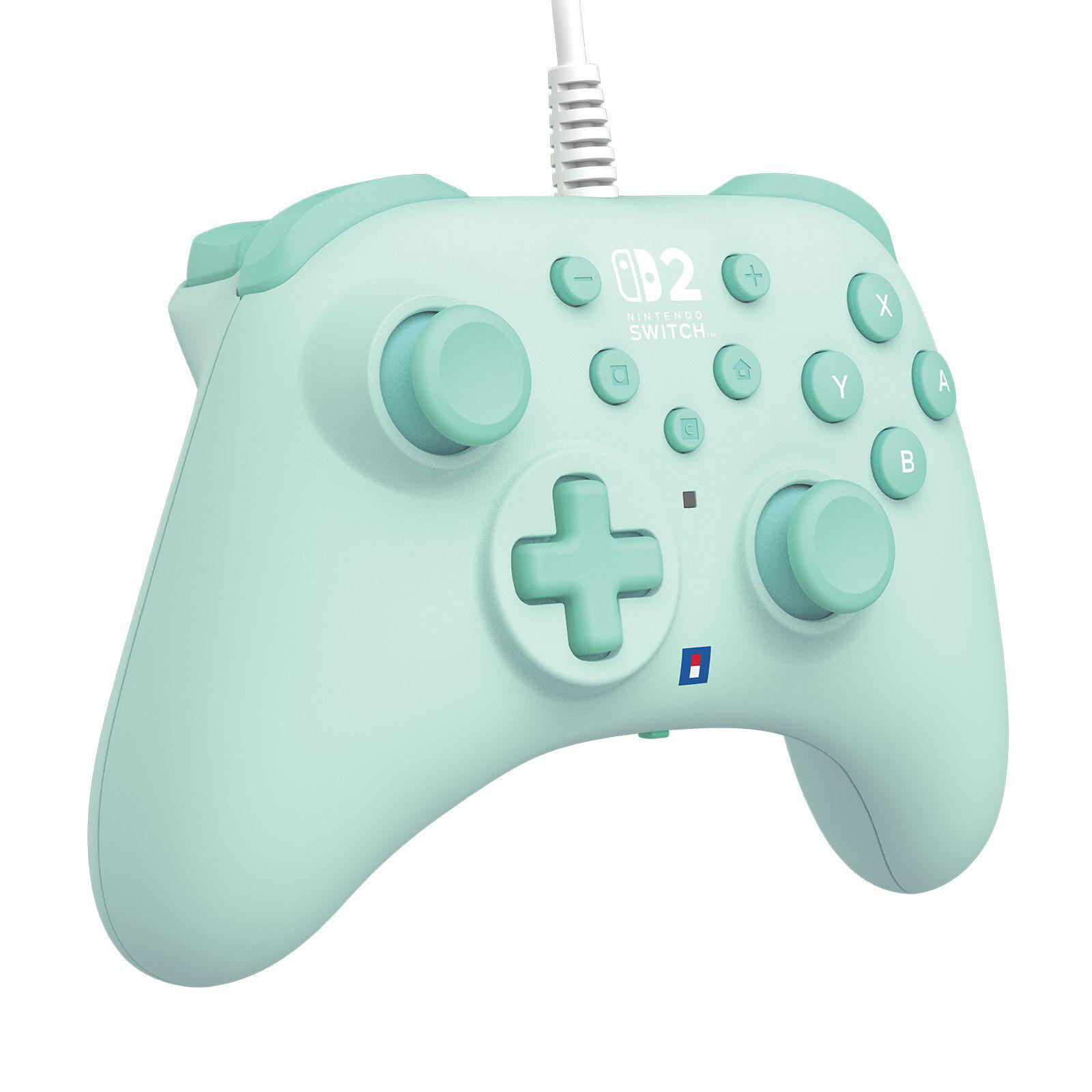 Ein hellgrüner Nintendo Switch Controller mit Kabel und Bedienelementen.