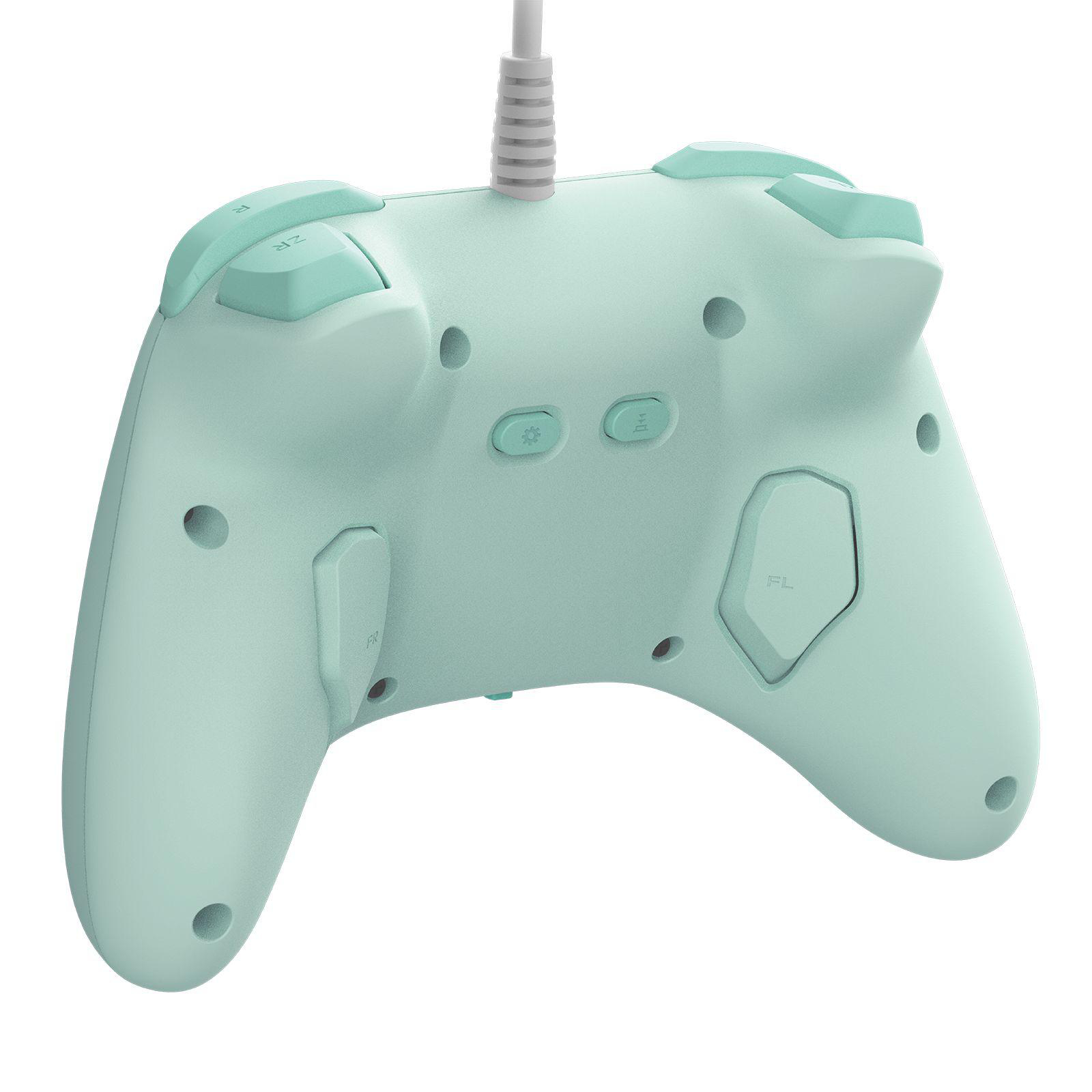 Ein hellgrünes Gamepad mit sichtbaren Knöpfen und Kabel.