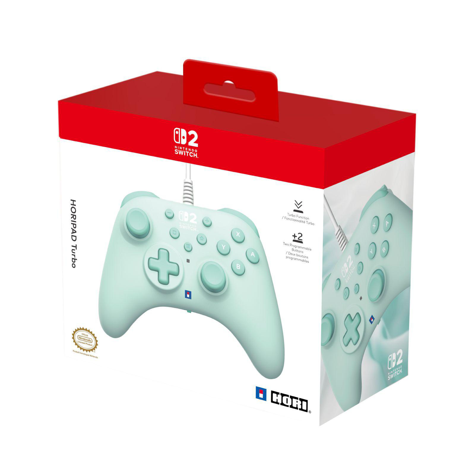 Türkisgrüne Nintendo Switch HORIPAD Turbo-Controller-Box mit abgebildetem Controller.