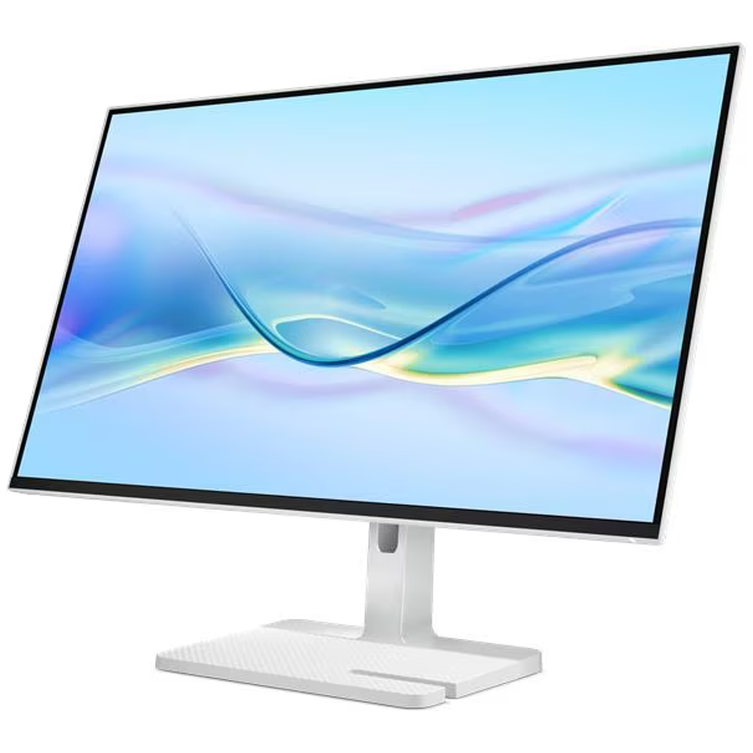 Een witte monitor met een blauw scherm op een witte standaard.