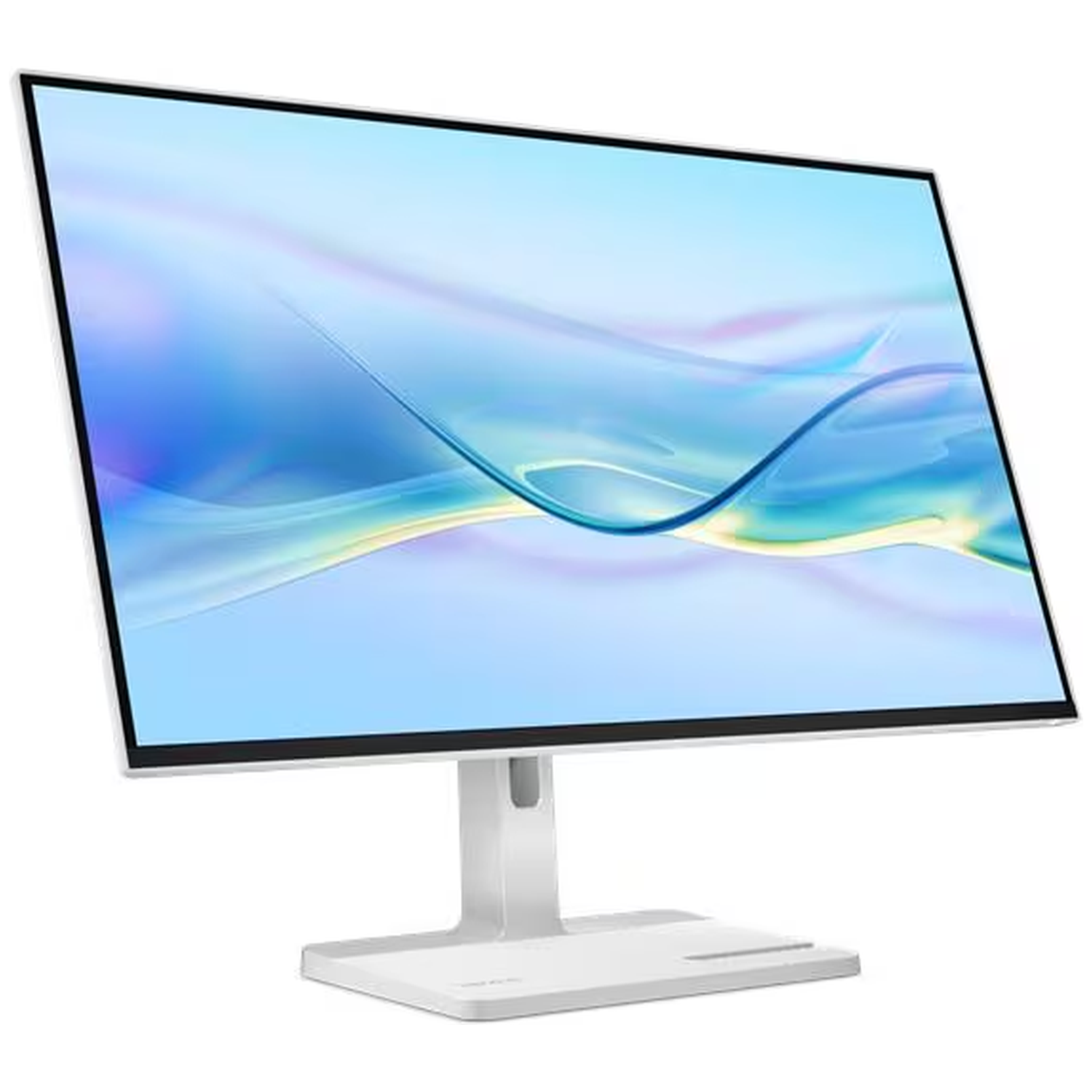 Een witte monitor met blauwe achtergrond en gestileerd patroon.