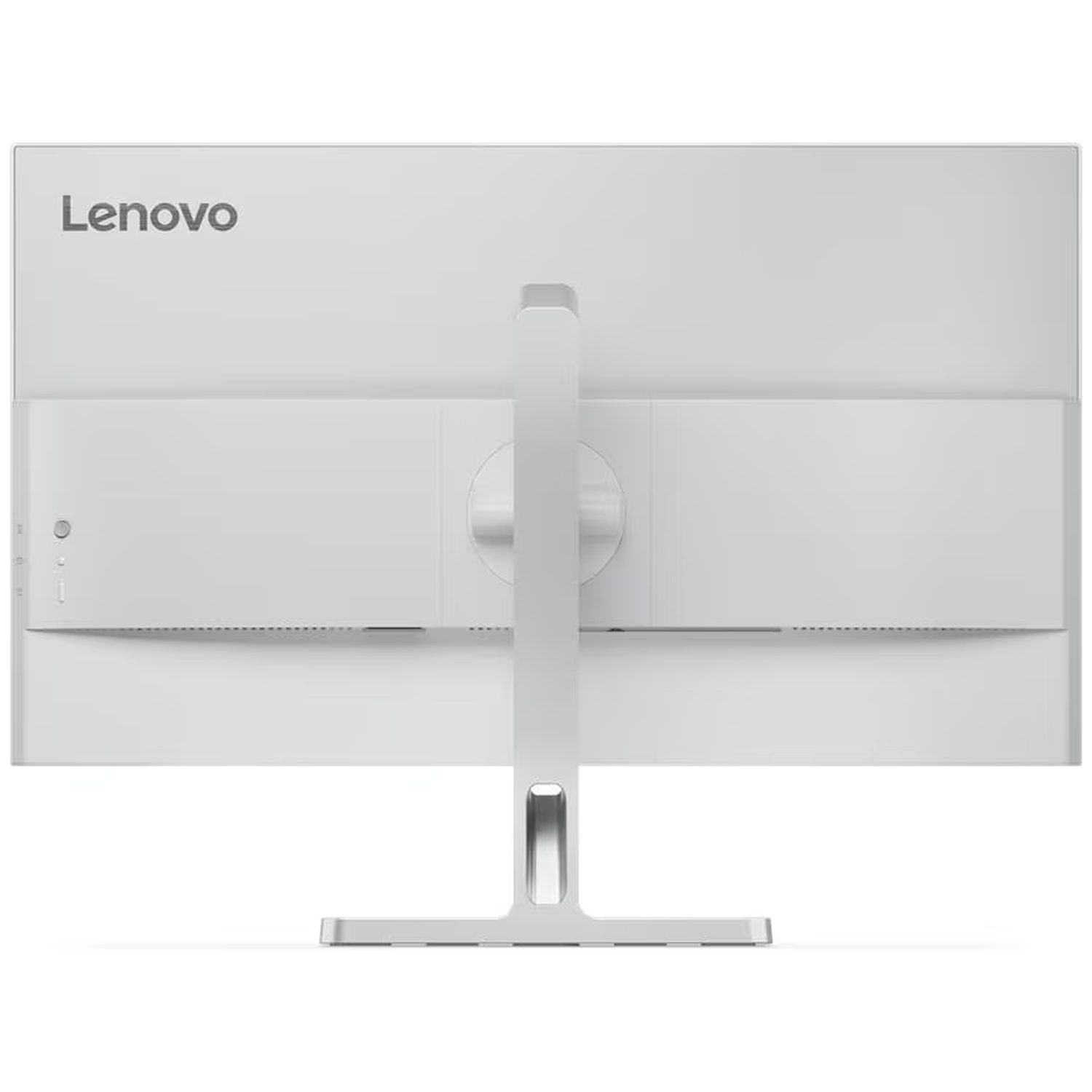 Achterkant van een witte Lenovo monitor met zilveren standaard.