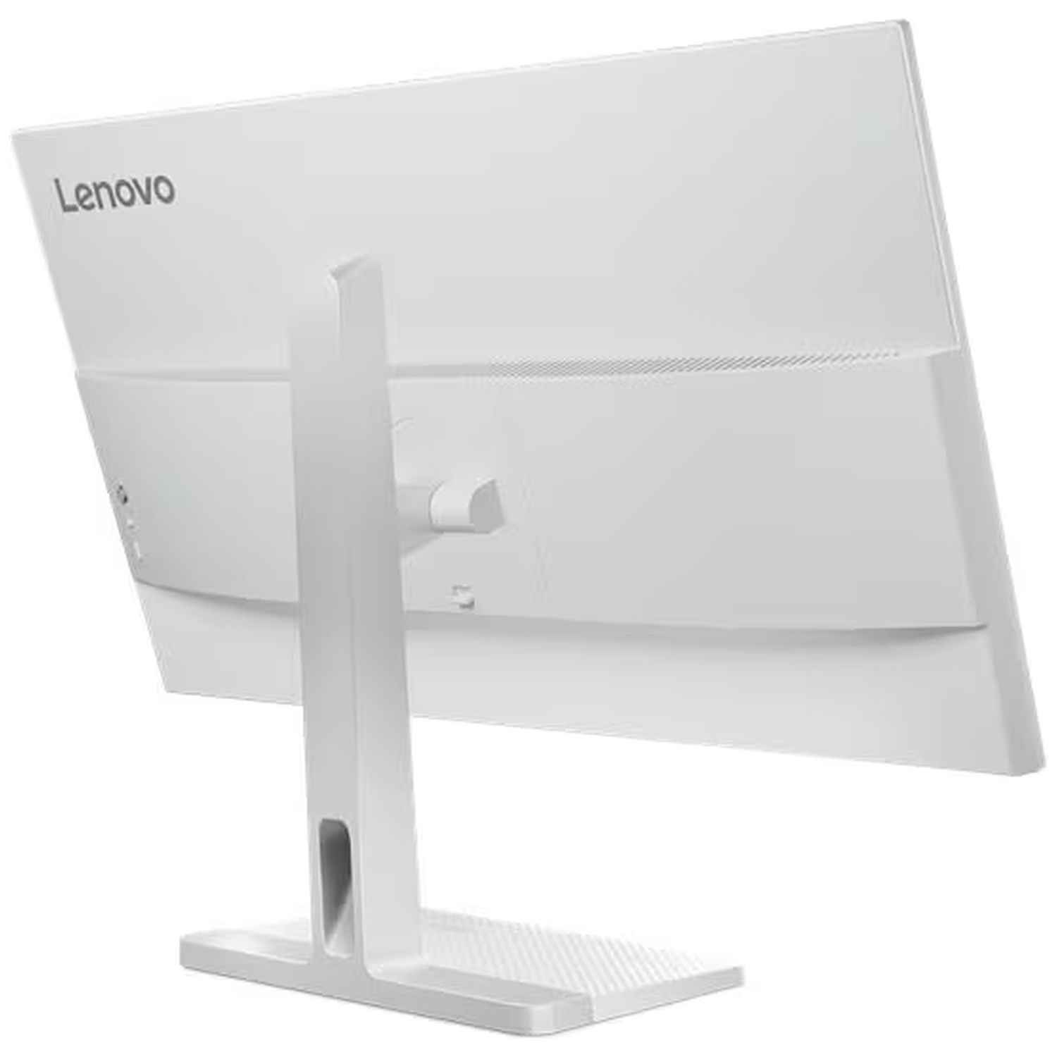 Achterkant van een witte Lenovo monitor met standaard.