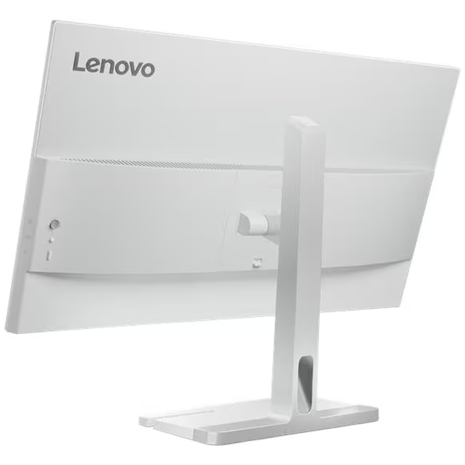 Achterkant van een witte Lenovo monitor met standaard.