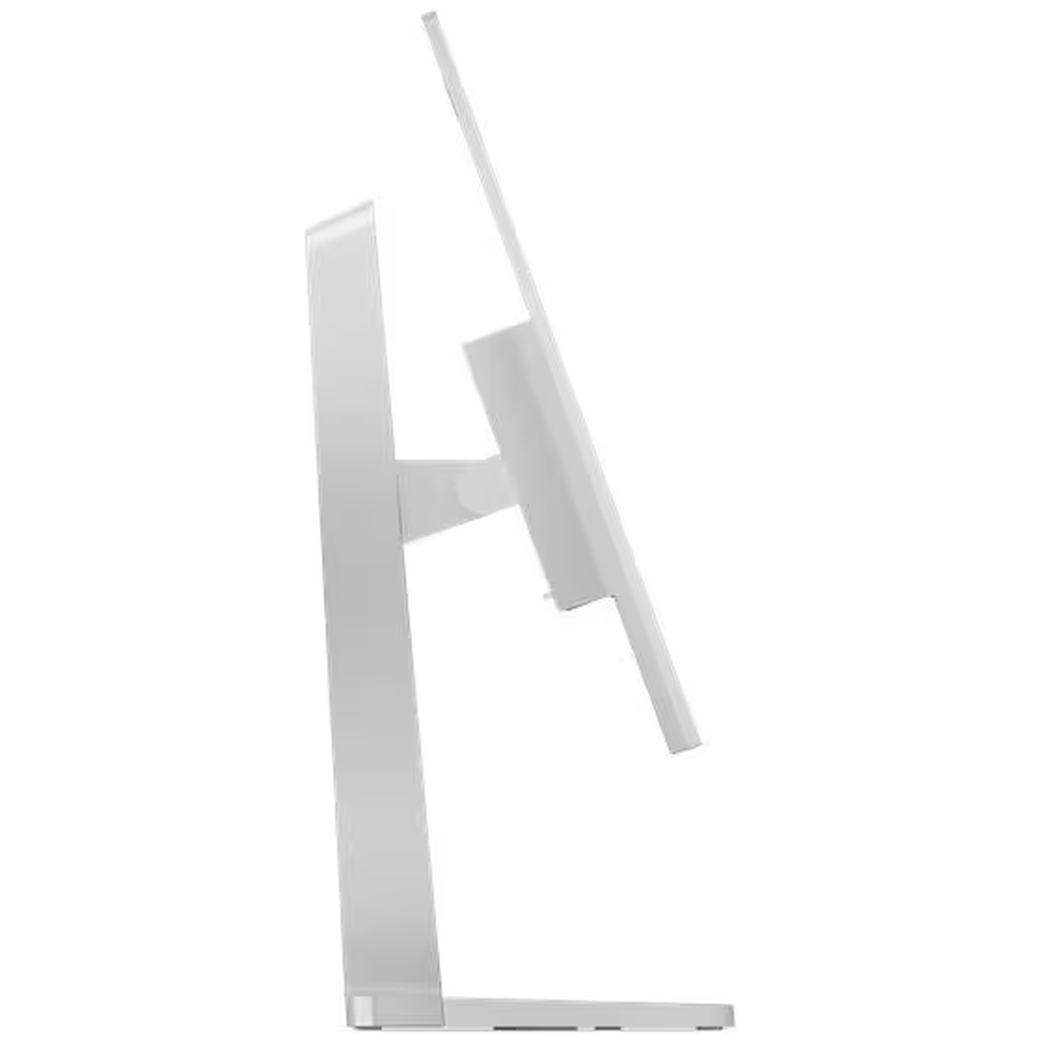 Zijaanzicht van een witte monitor met smalle rand op een standaard.