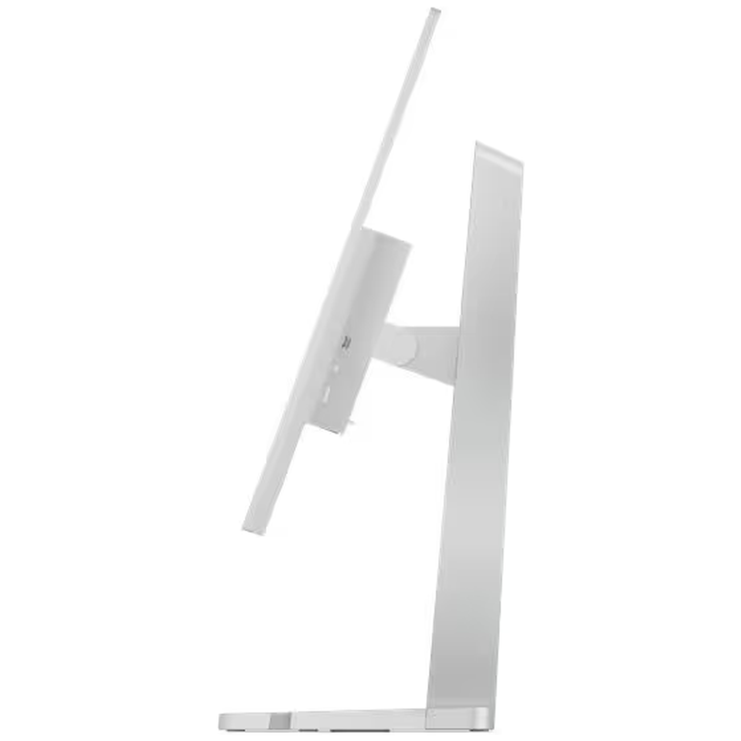 Zijaanzicht van een witte computermonitor op witte achtergrond.