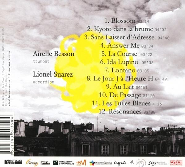 CD-Rückseite mit Songliste, Namen und Instrumenten. Gelber Kreis im Himmel über Stadtbild.