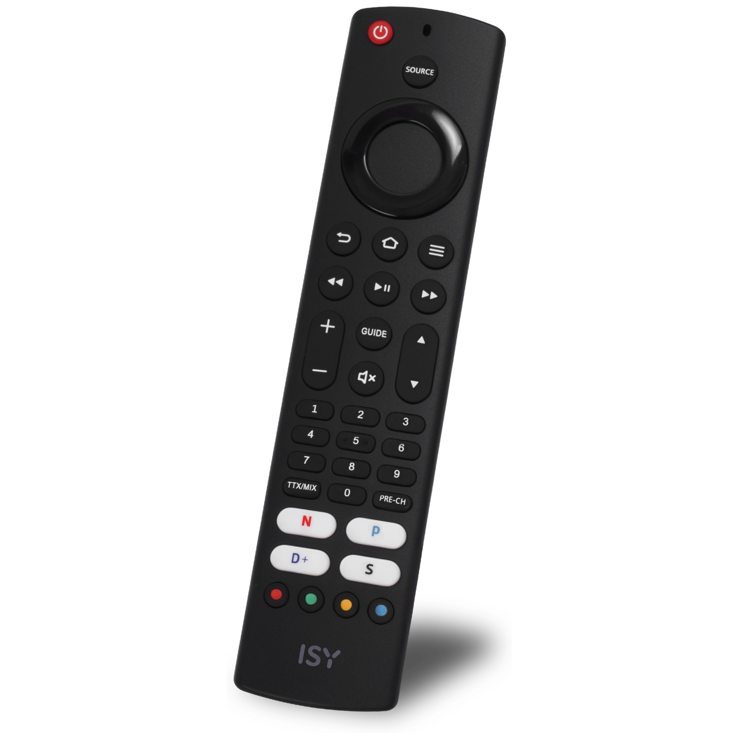 A black remote control with number buttons, navigation controls, and a red power button.