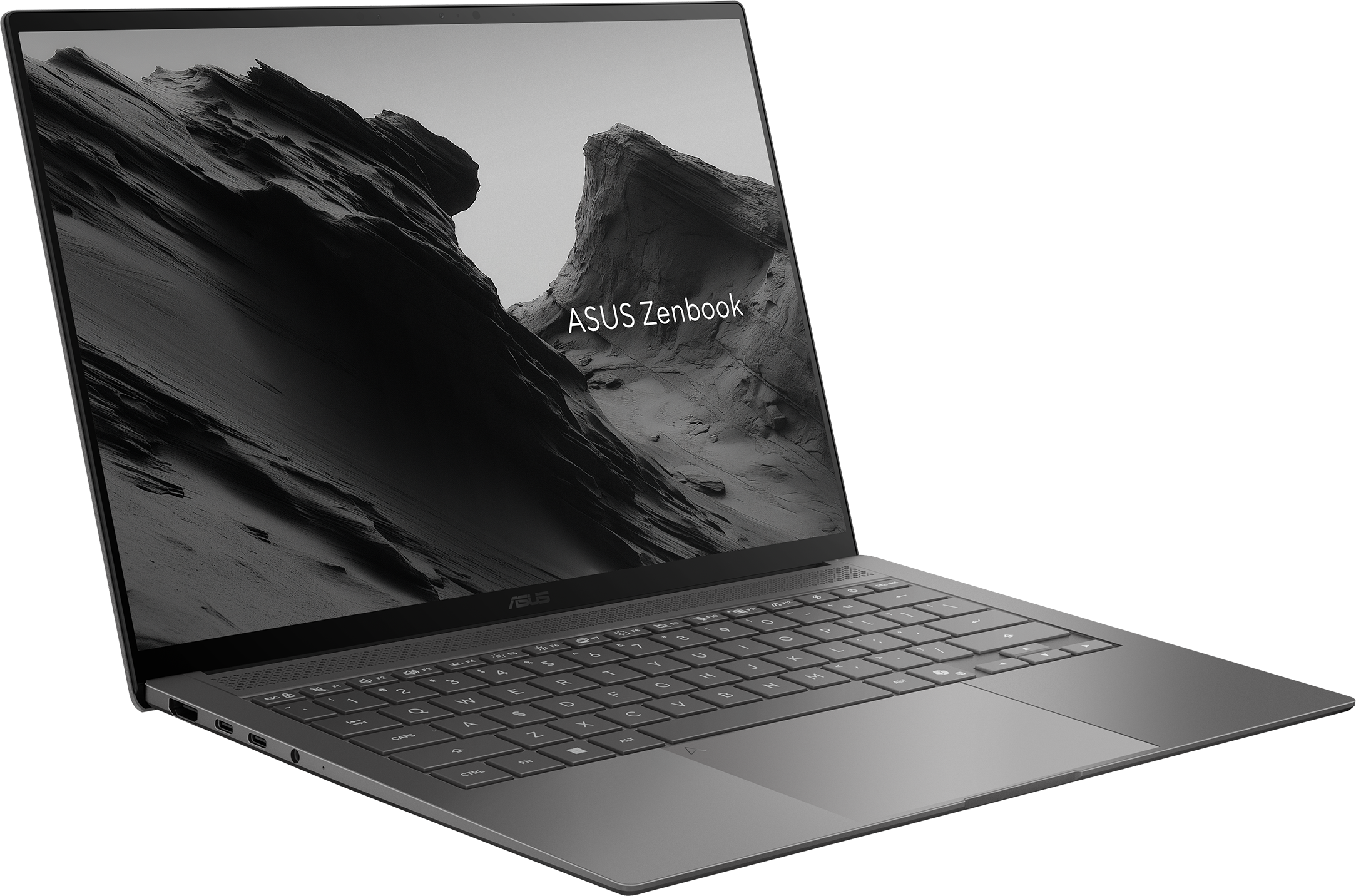 Un ordinateur portable Asus Zenbook gris affichant un paysage de montagne.
