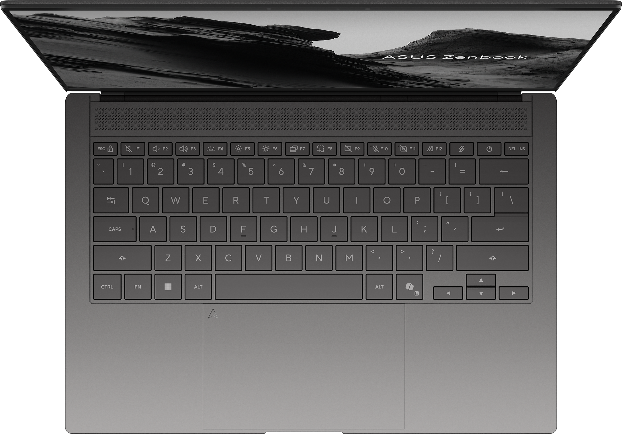 Un ordinateur portable Asus Zenbook gris ouvert, montrant le clavier et le pavé tactile.