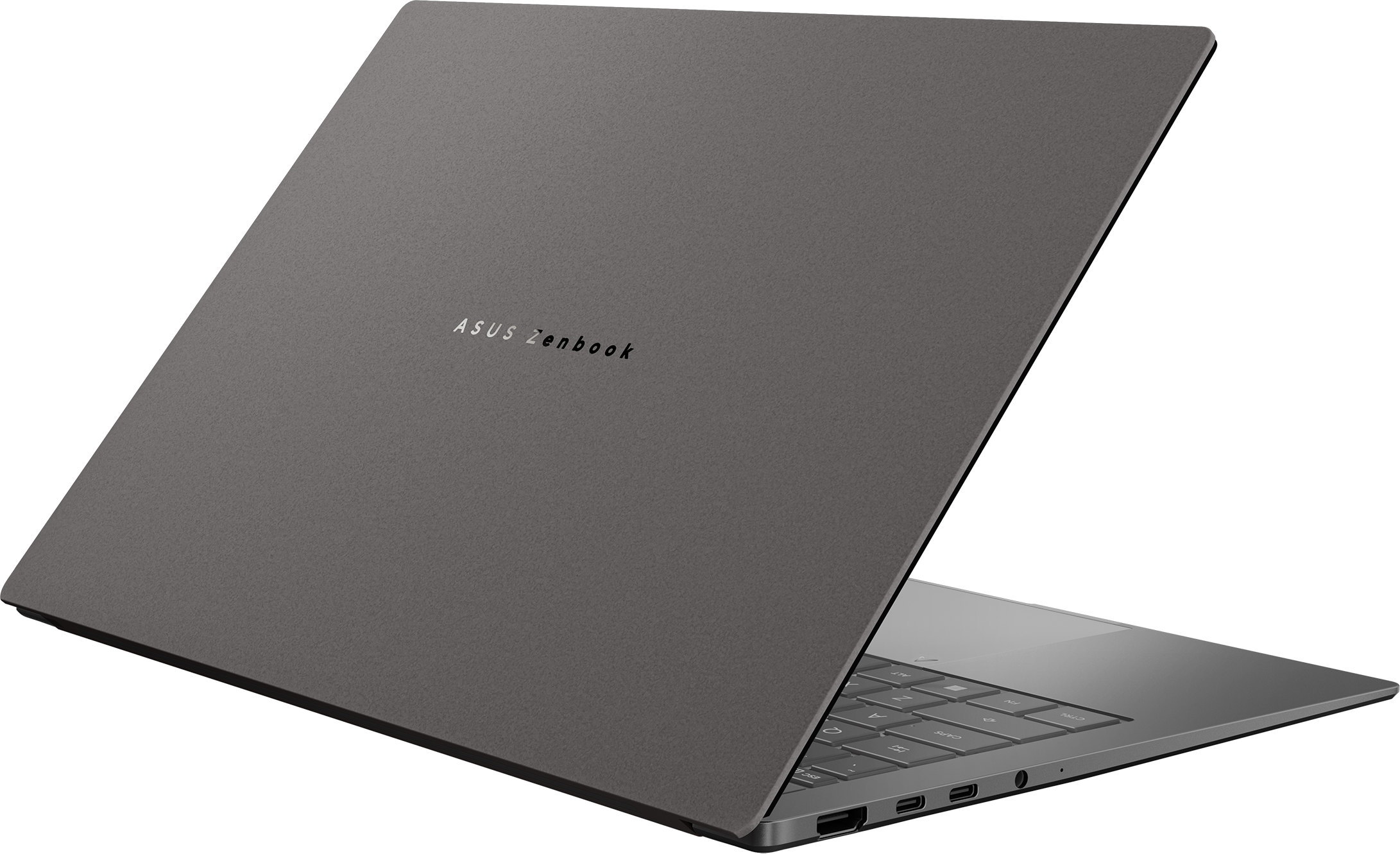 Un ordinateur portable Asus Zenbook gris, partiellement ouvert, clavier et ports visibles.