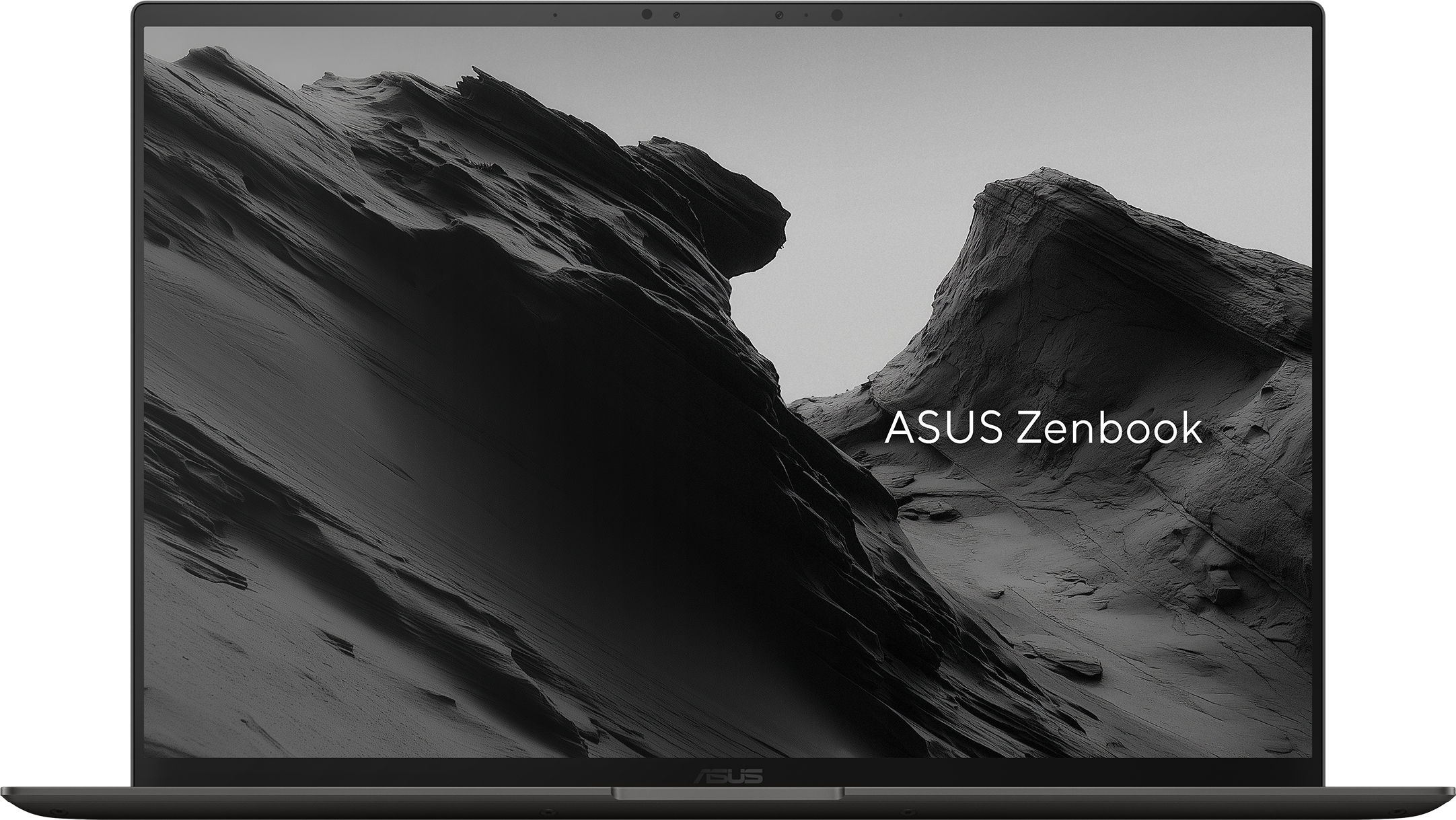 Un ordinateur portable affiche un paysage rocheux avec le texte 'ASUS Zenbook'.