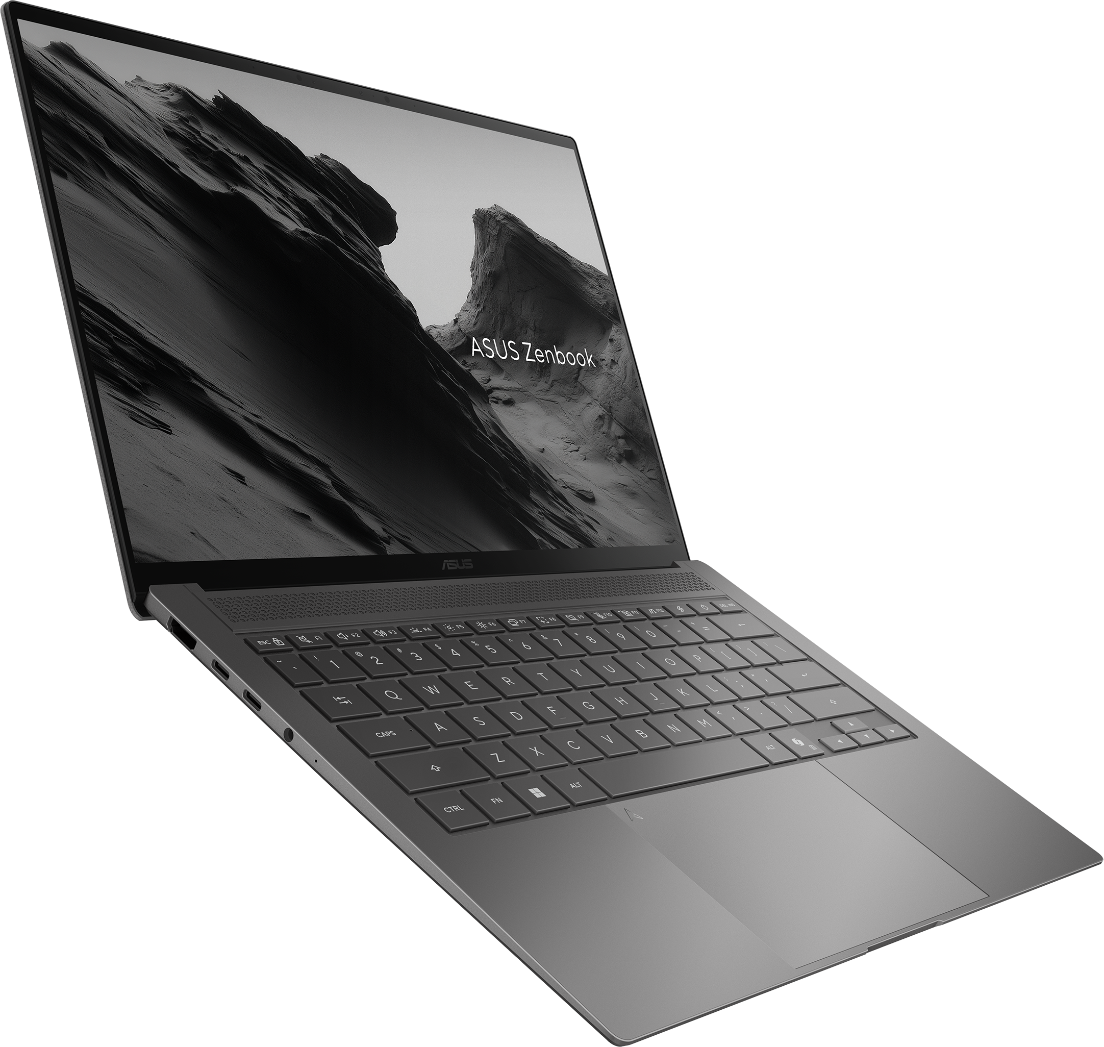 Ordinateur portable ASUS Zenbook gris avec clavier et pavé tactile, fond noir.