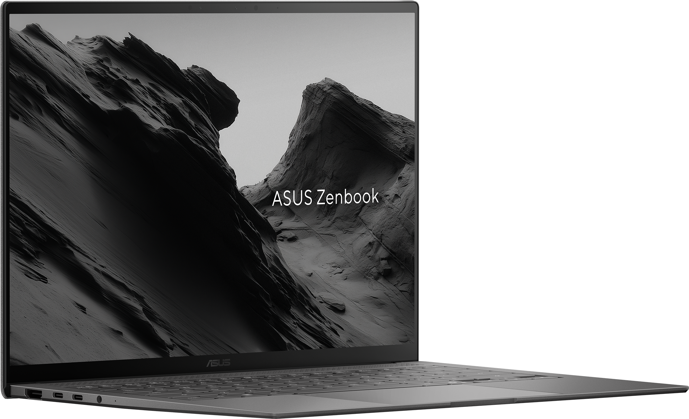 Ordinateur portable ASUS Zenbook gris affichant un paysage de montagne.