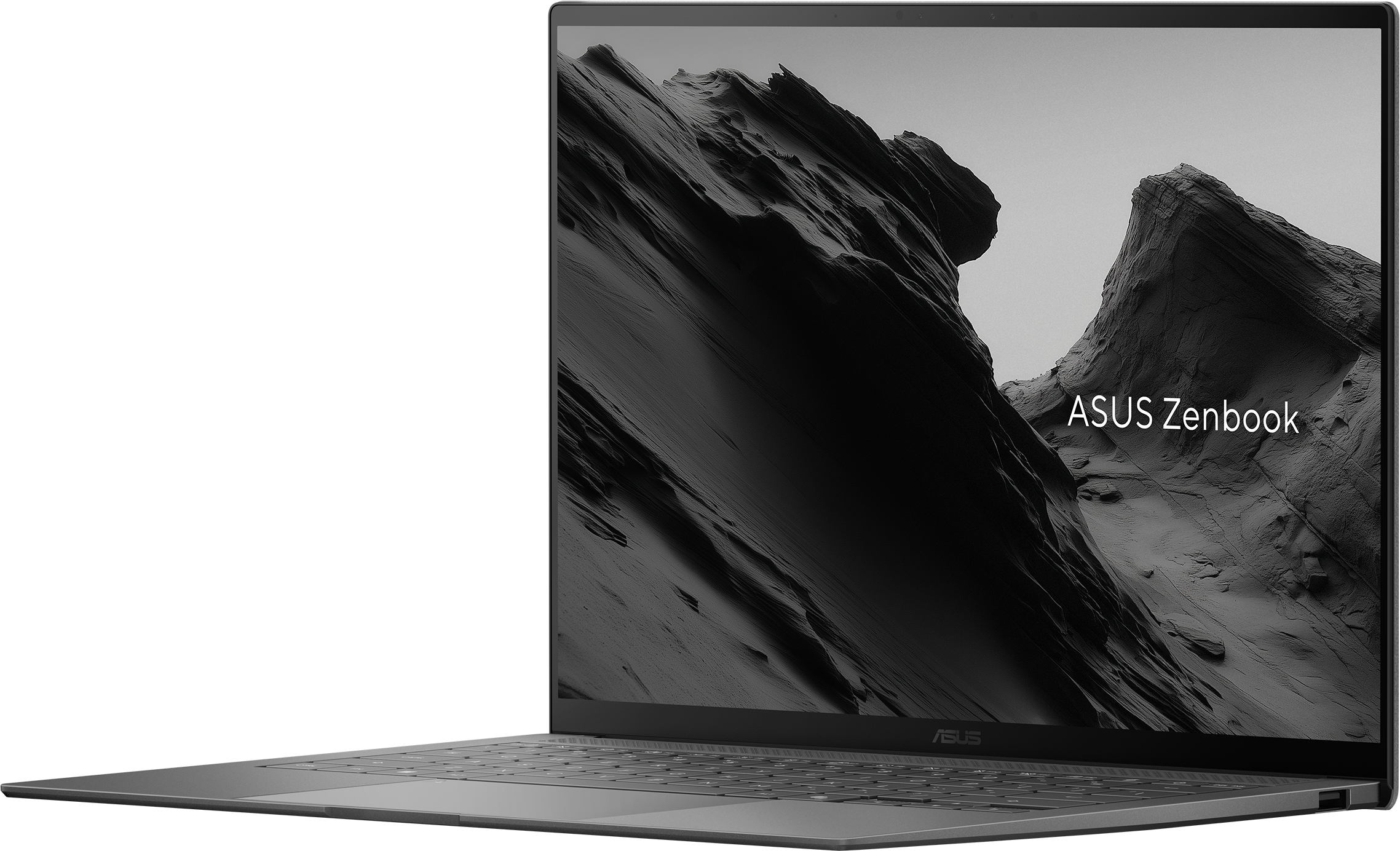 Un ordinateur portable Asus Zenbook affichant un paysage de montagne.