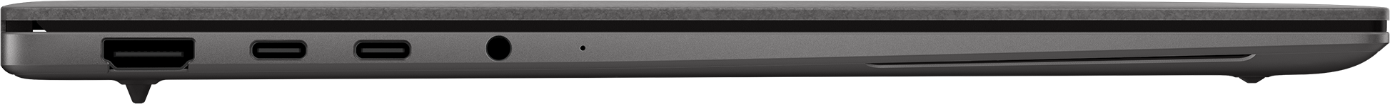 Côté d'ordinateur portable gris avec ports : HDMI, 2x USB-C, prise audio et micro.
