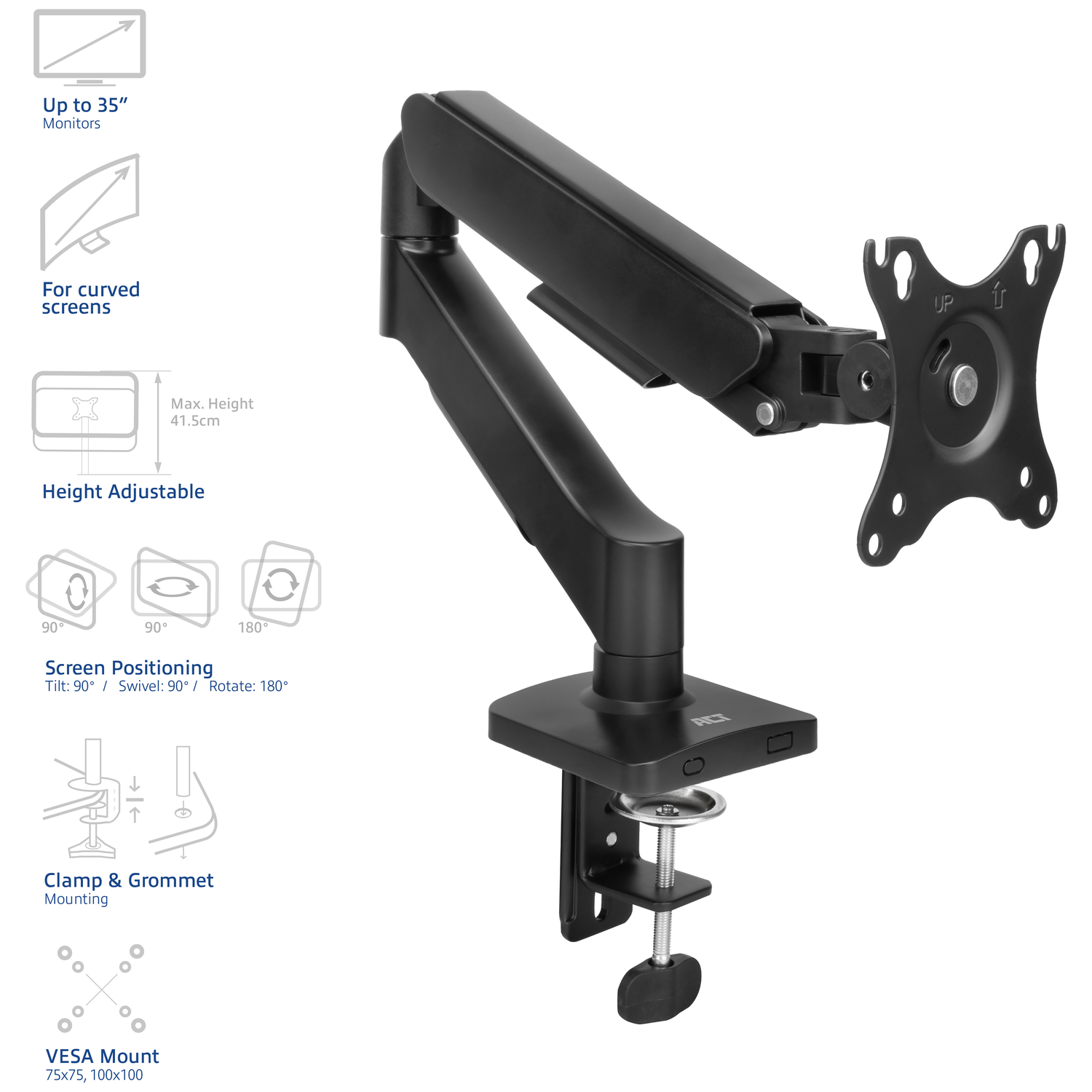 Black monitor arm with clamp mount, adjustable height, tilt, swivel, and rotation.