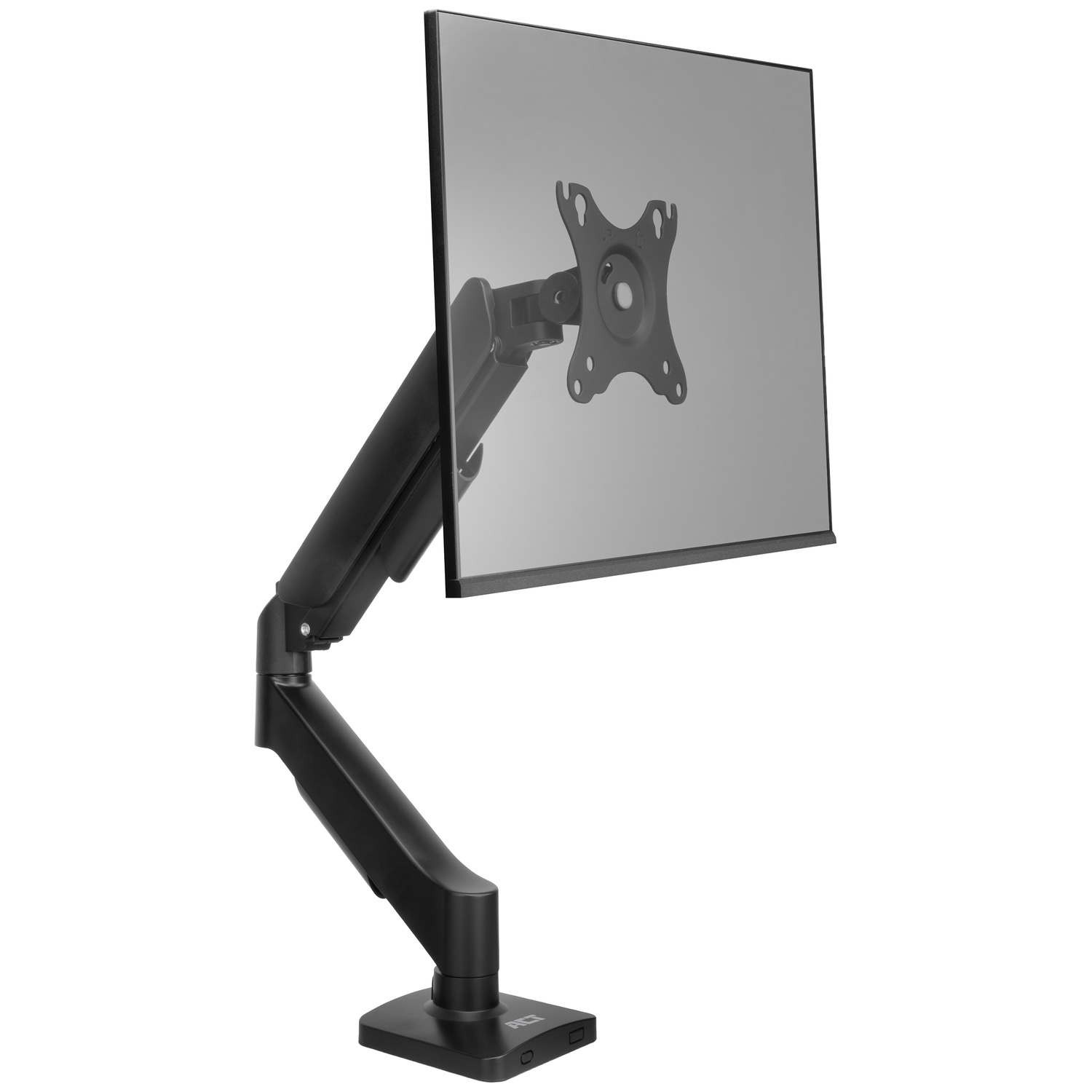A black monitor arm holding a gray monitor, isolated on a white background.