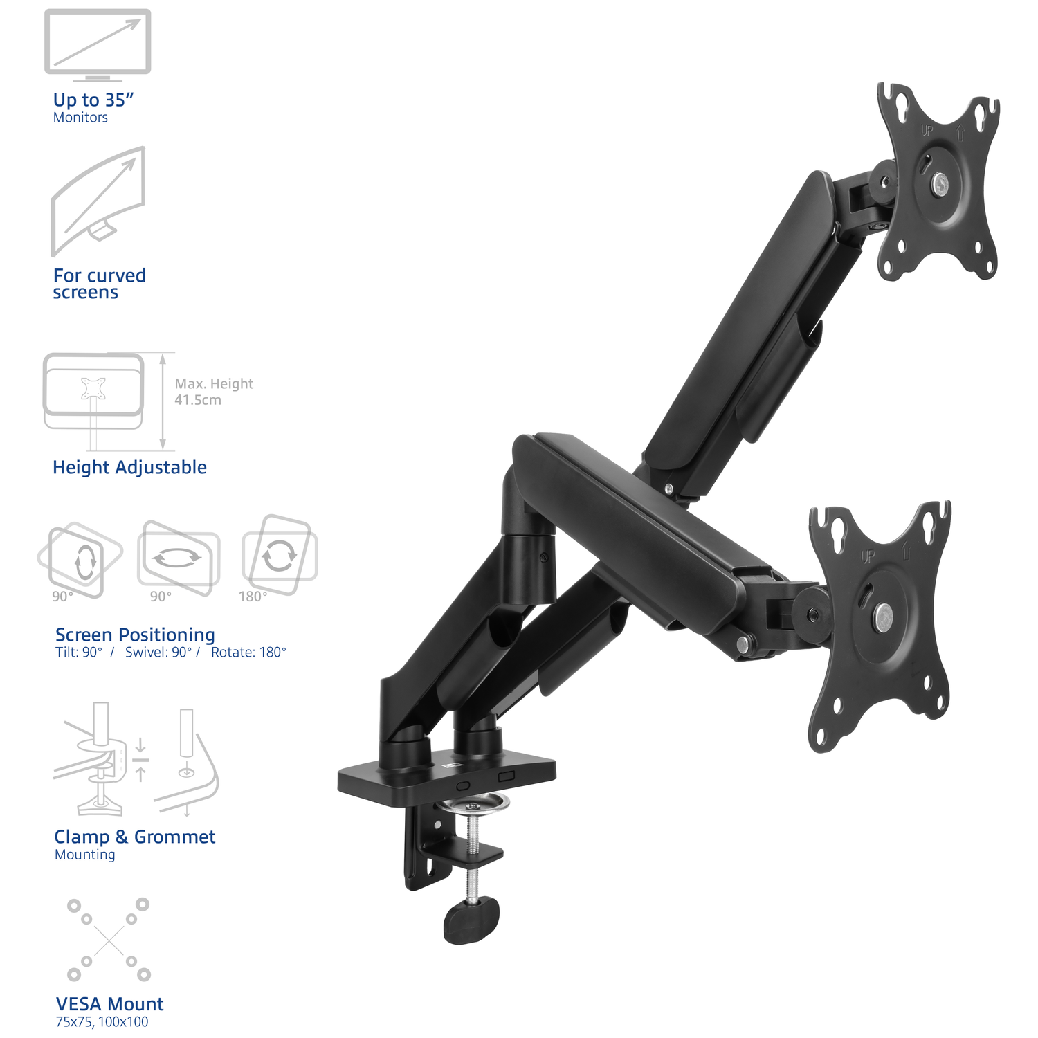 Black monitor arm with clamp & grommet mounting for monitors up to 35 inches.