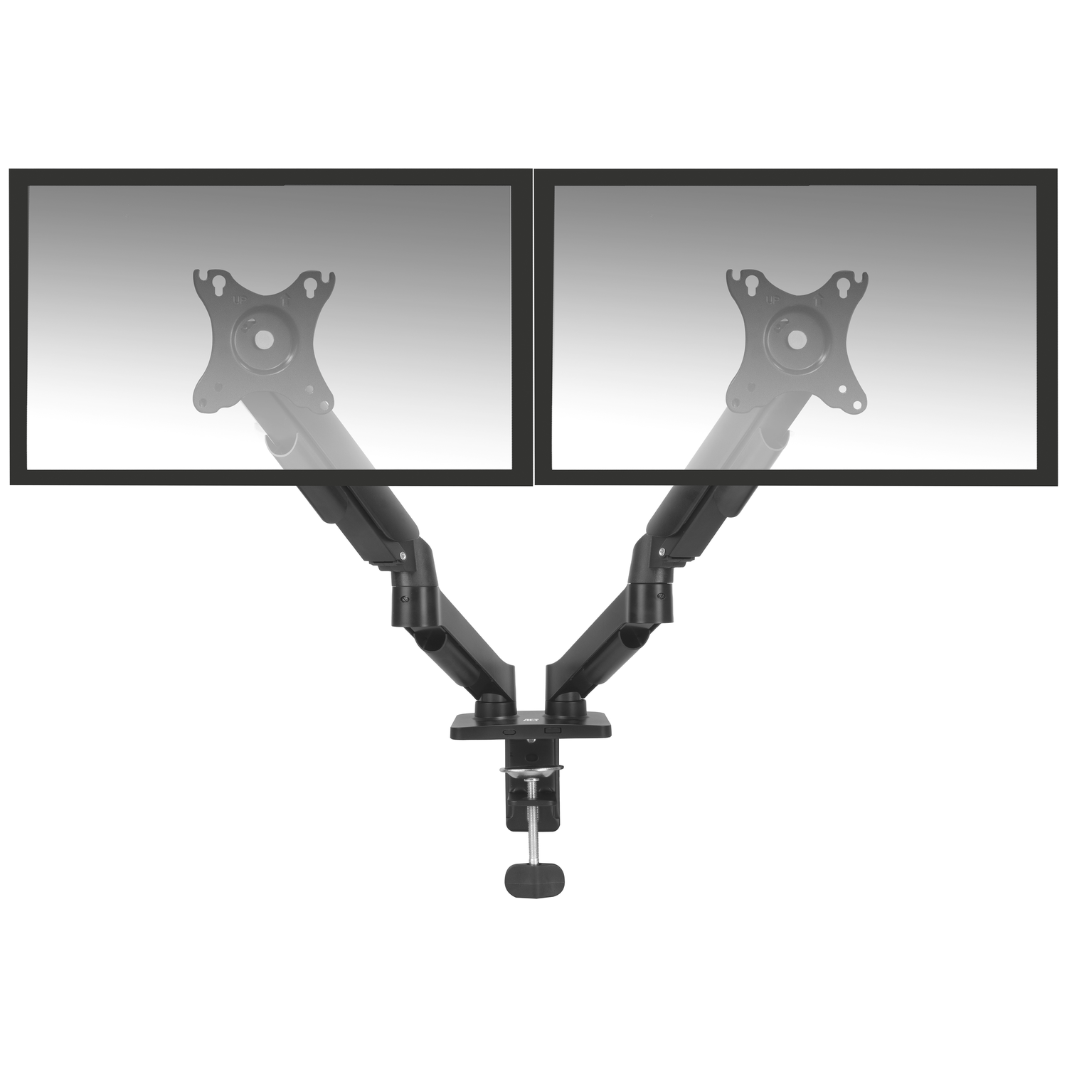 Dual monitor mount with clamp base and two arms, black.