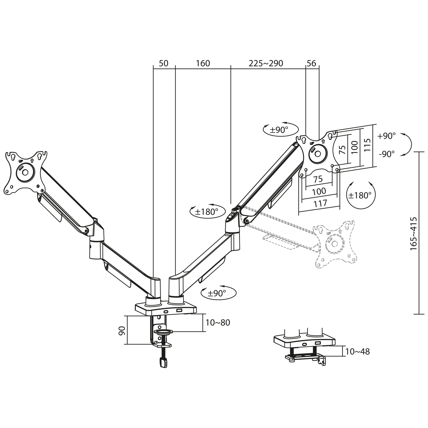 Technical drawing of a monitor arm with dimensions and joints shown.