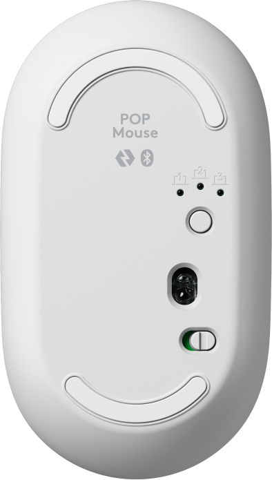 Unterseite einer weißen Logitech POP Maus mit Bluetooth-Symbol und Ladeanzeigen.