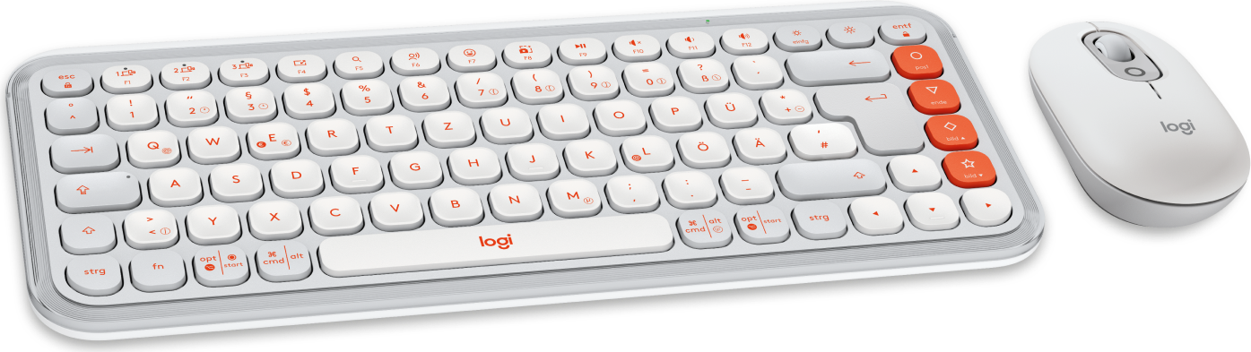 Ein weißes kabelloses Logi-Keyboard und eine Maus mit orangen Akzenttasten.