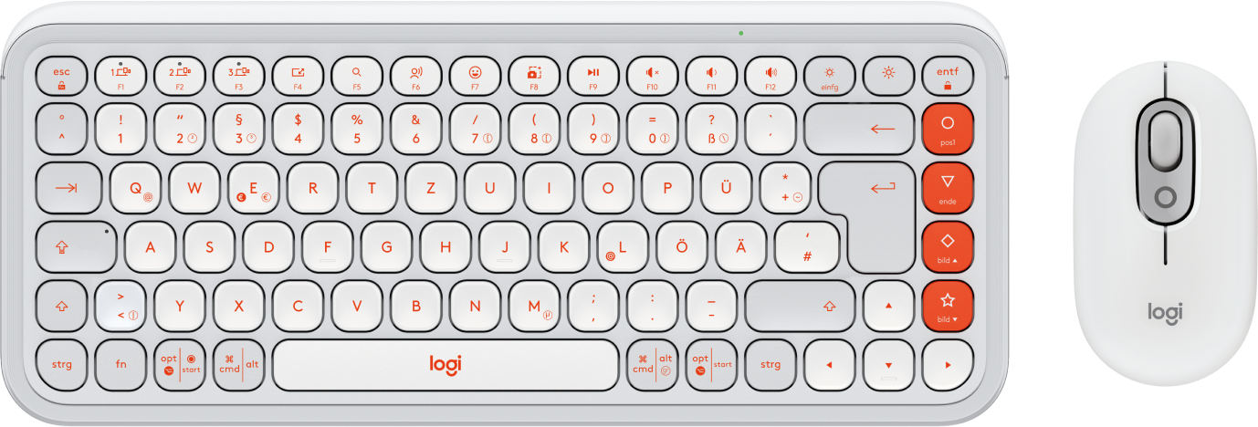 Eine weiße Tastatur mit roten Tasten und eine weiße Maus liegen nebeneinander.