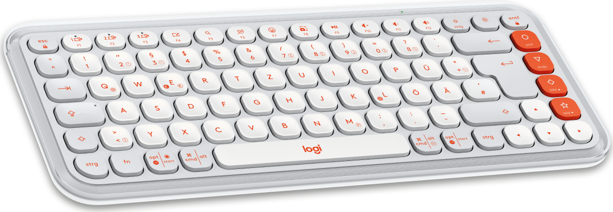Eine weiße Tastatur mit roten Akzenttasten und Beschriftungen.